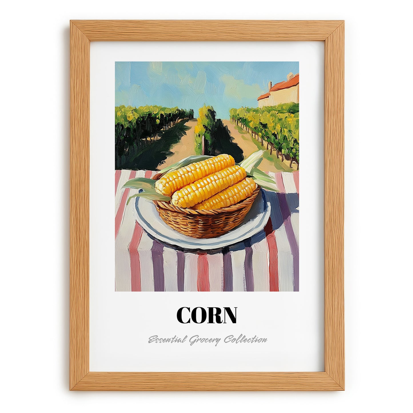 Corn – Green Valley Landscape, Vegetable Still Life, set in oak frame