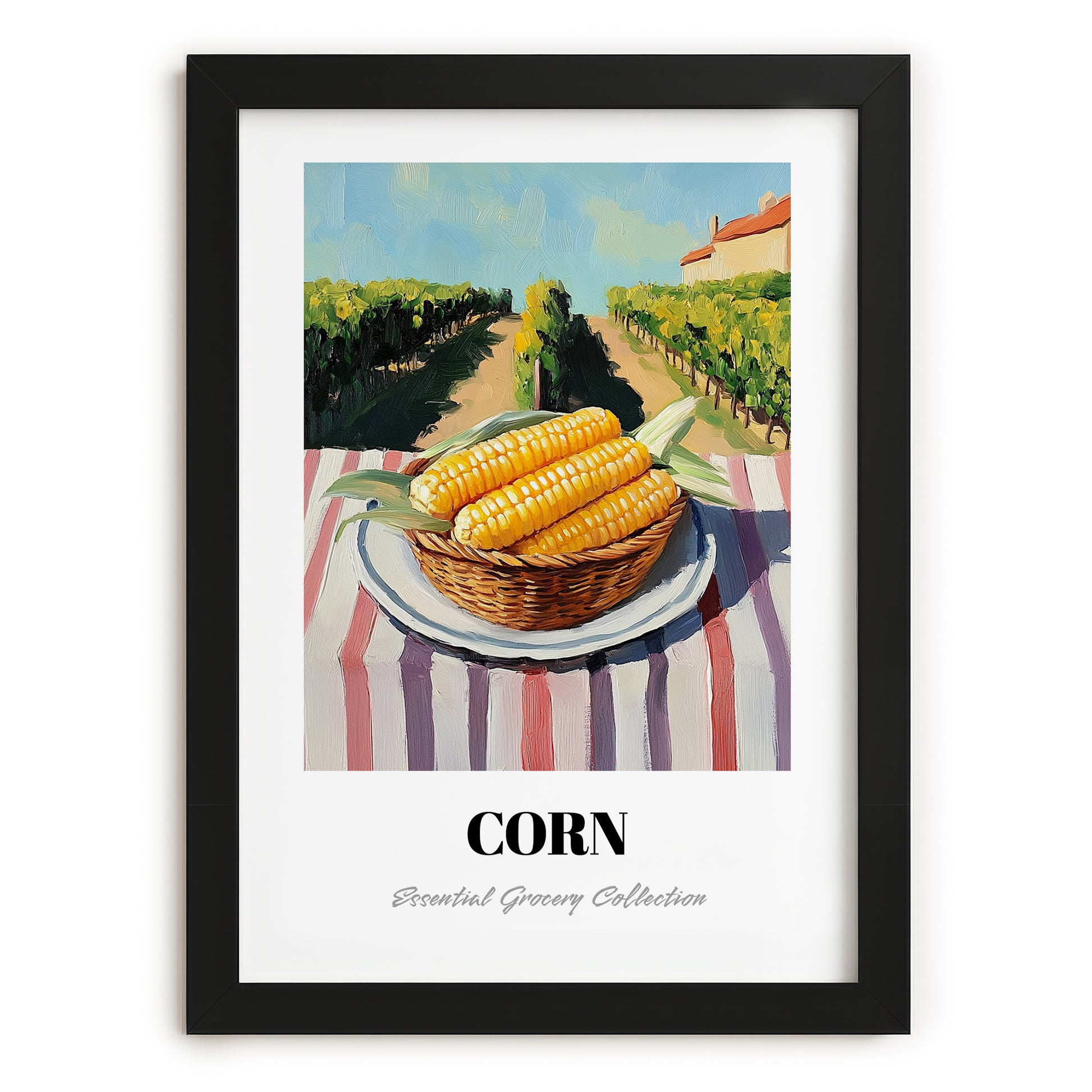 Corn – Green Valley Landscape, Vegetable Still Life, in sleek black frame
