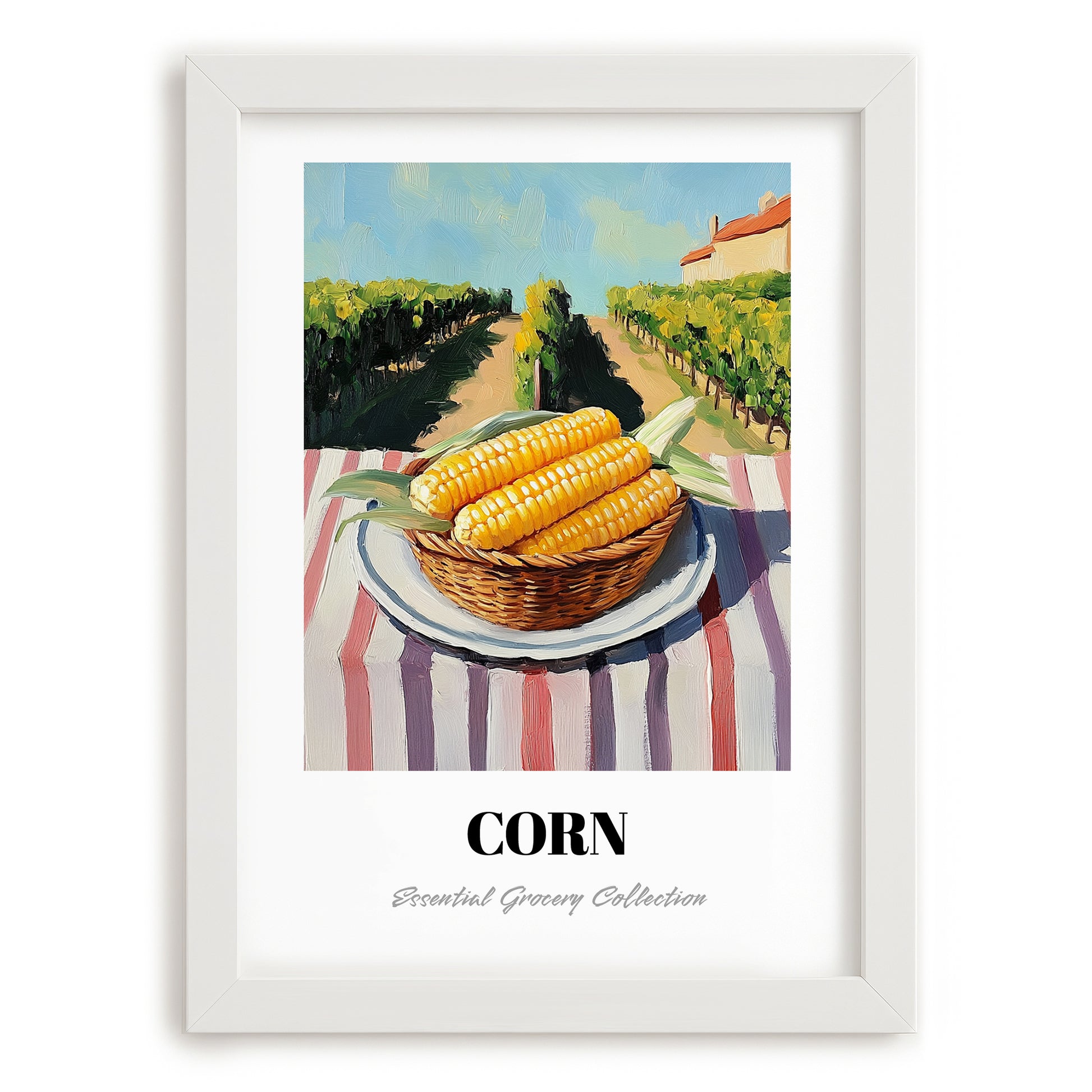 Corn – Green Valley Landscape, Vegetable Still Life, placed in minimal white frame
