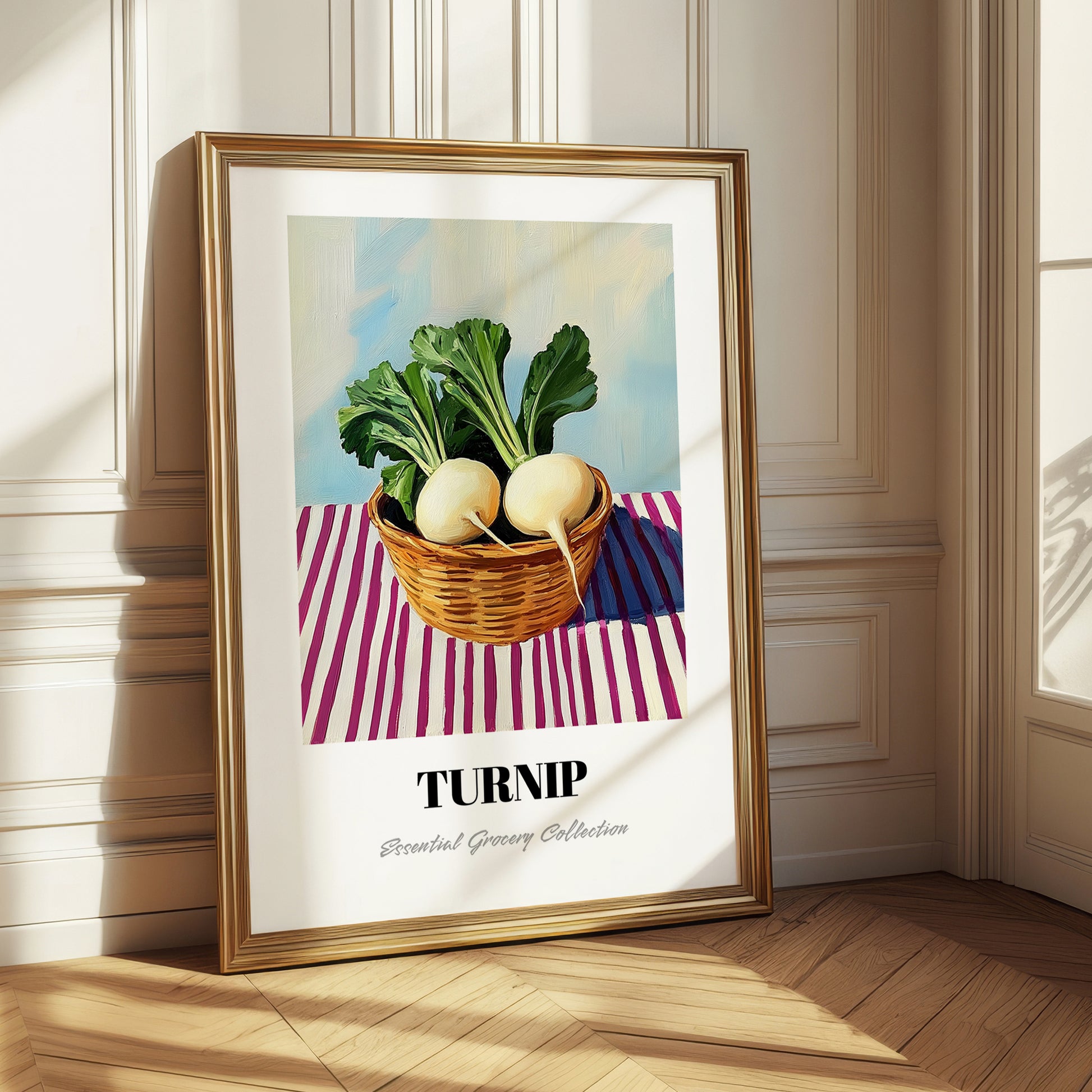 Turnip – on Striped Tablecloth, Vegetable Still Life