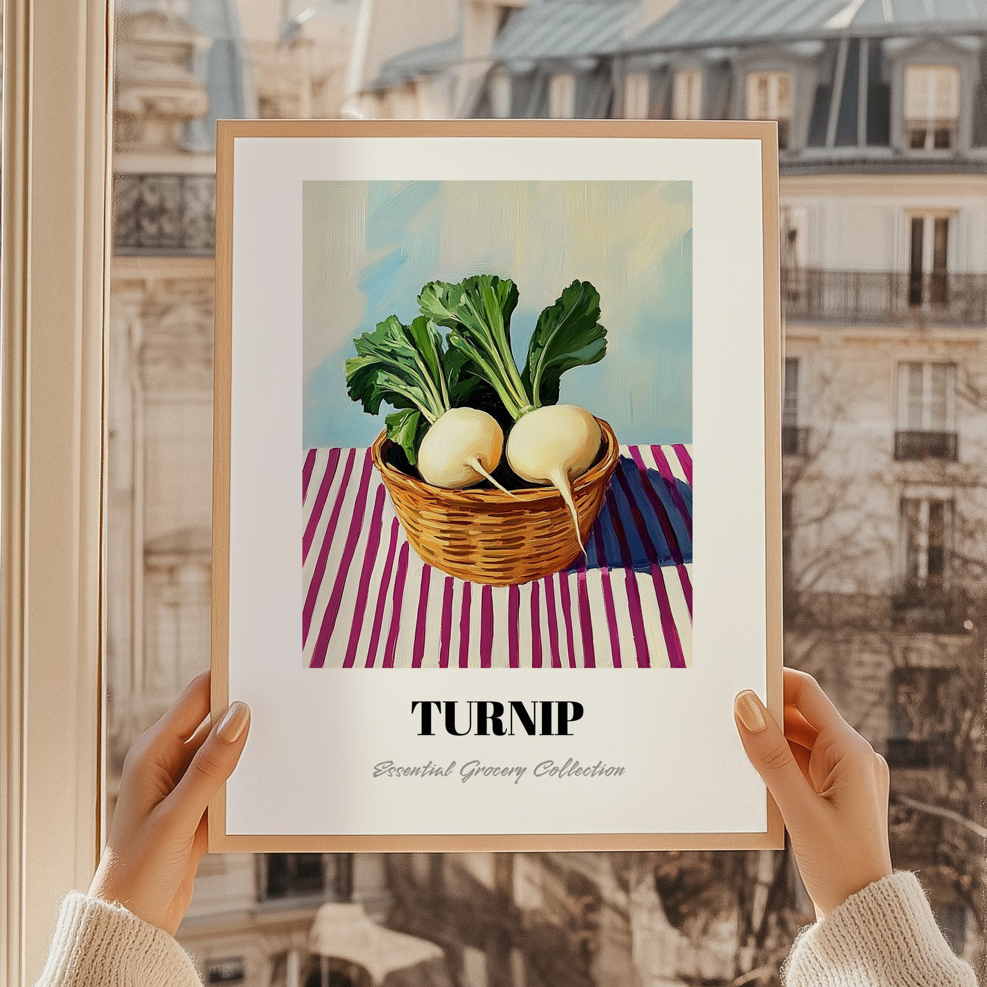 Turnip – on Striped Tablecloth, Vegetable Still Life, styled in a charming Paris street view