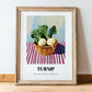 Turnip – on Striped Tablecloth, Vegetable Still Life, in wooden frame leaning on the floor