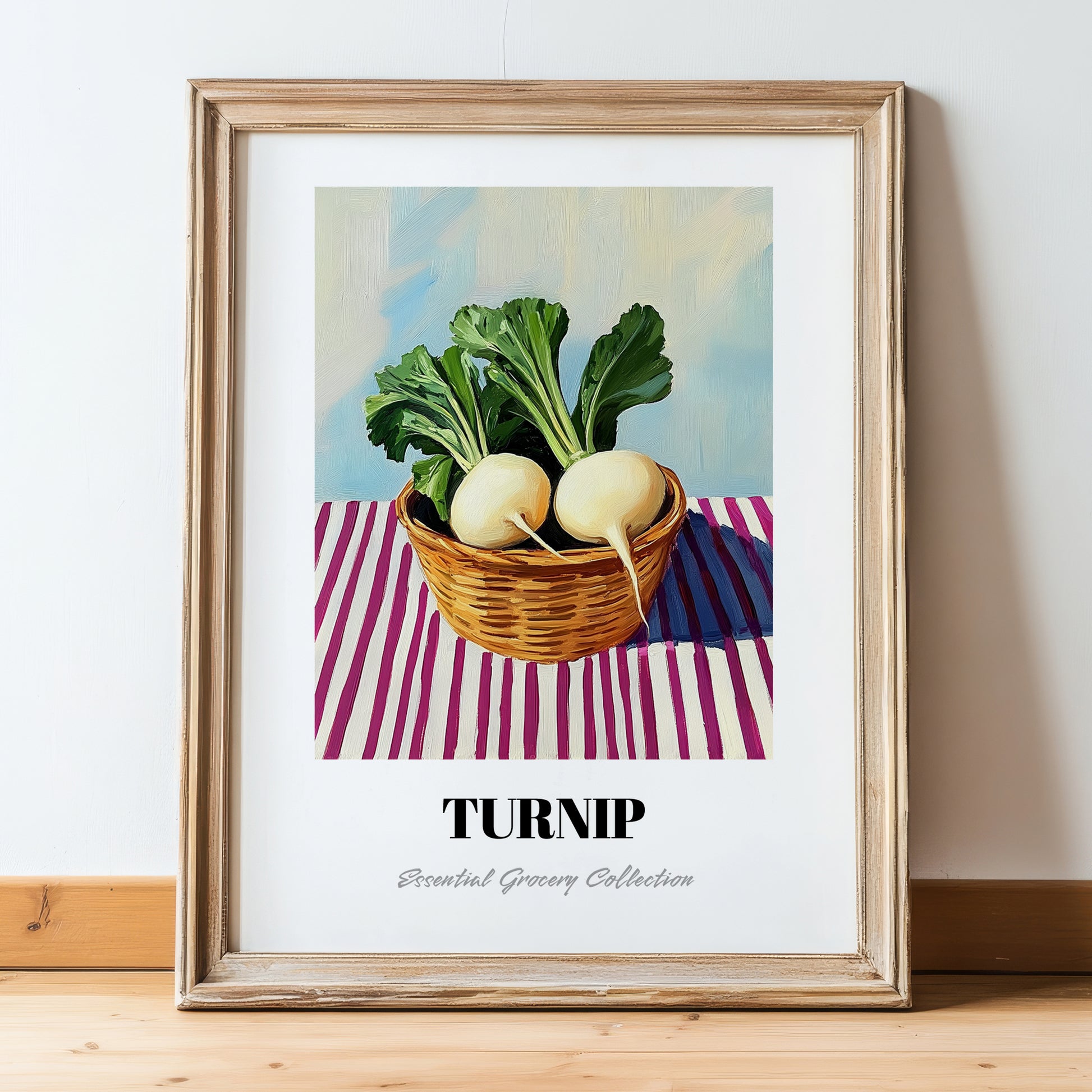 Turnip – on Striped Tablecloth, Vegetable Still Life, in wooden frame leaning on the floor