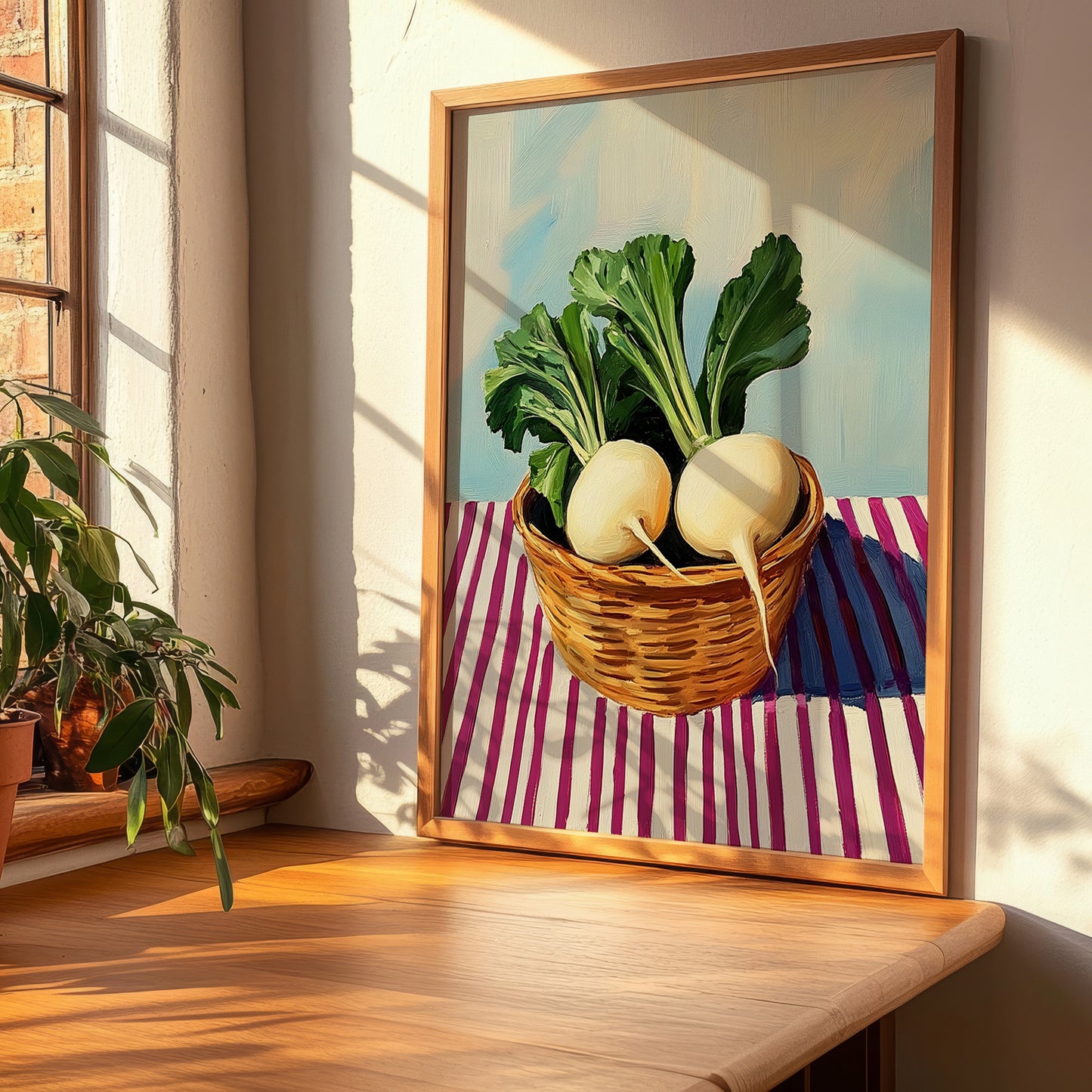 Turnip – on Striped Tablecloth, Vegetable Still Life, clean layout with no caption