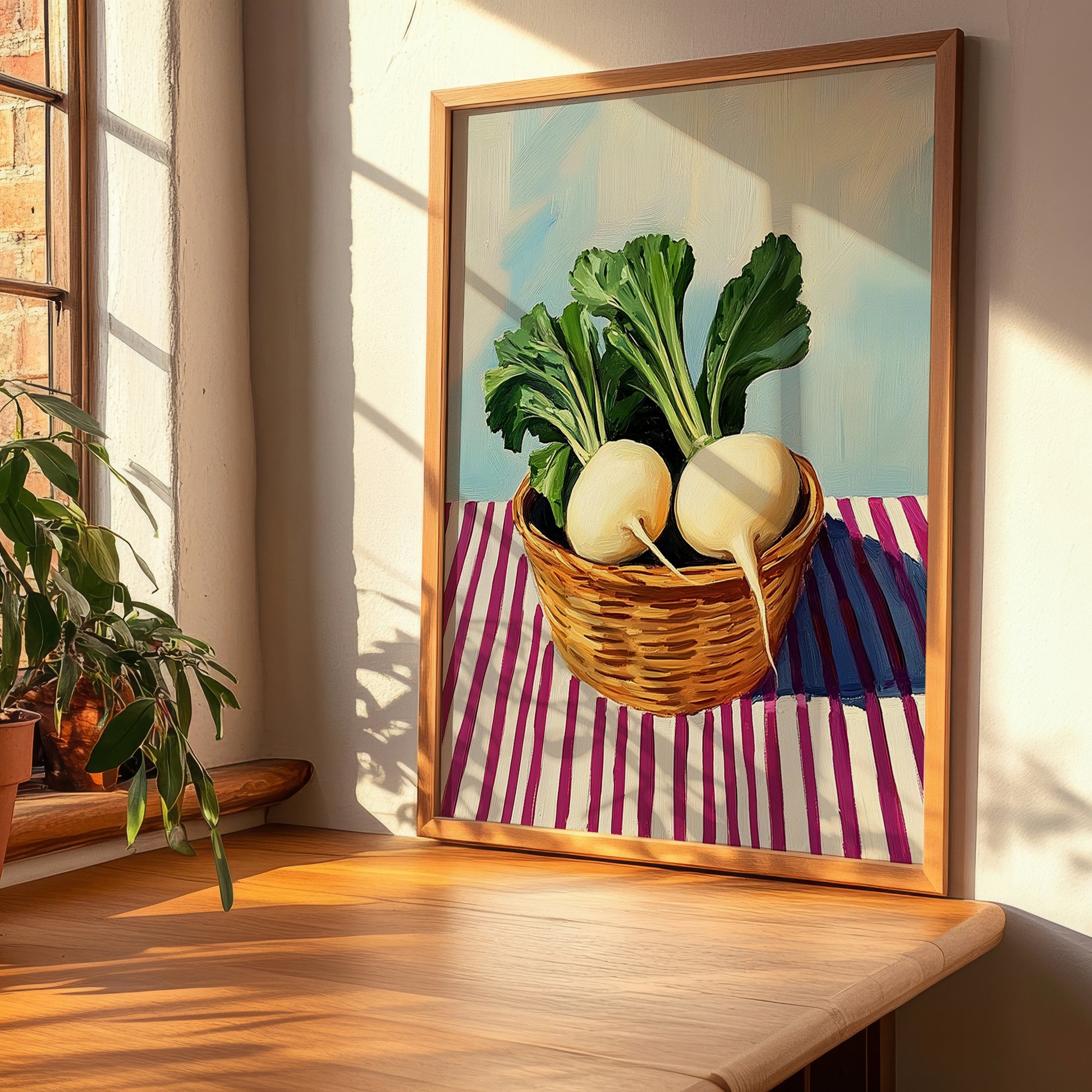 Turnip – on Striped Tablecloth, Vegetable Still Life, clean layout with no caption