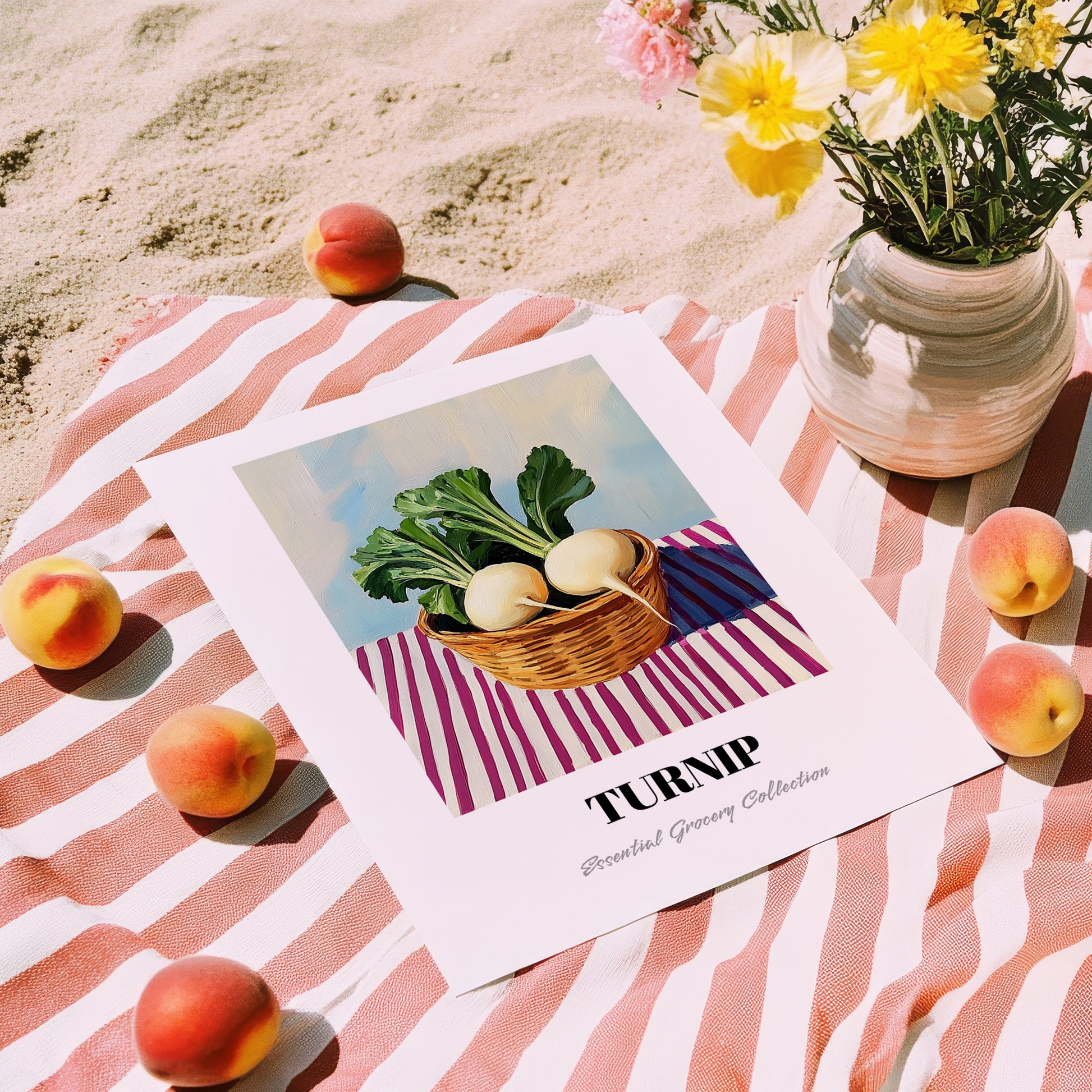 Turnip – on Striped Tablecloth, Vegetable Still Life, unframed on coastal sand