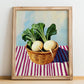 Turnip – on Striped Tablecloth, Vegetable Still Life, no-text version framed in wood