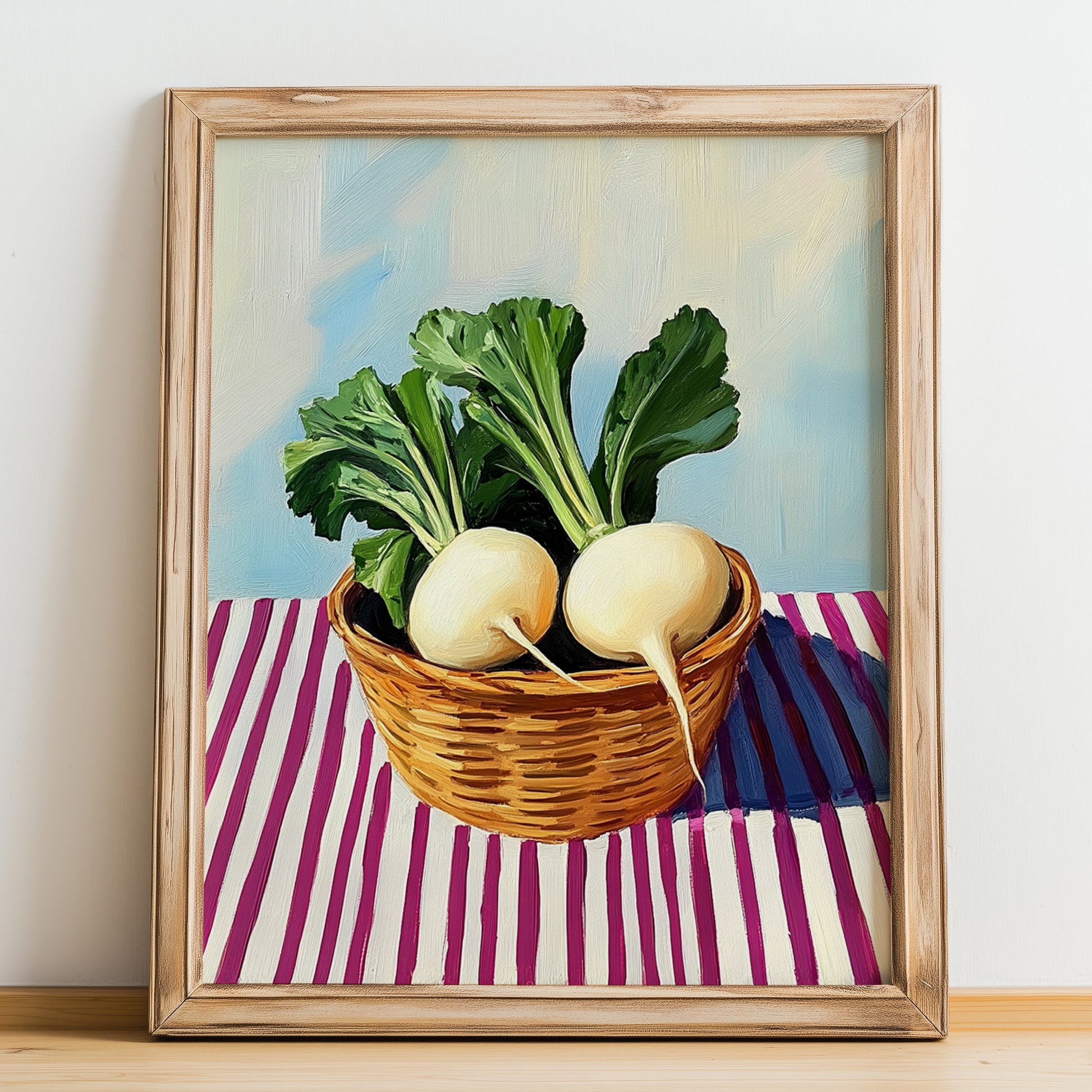 Turnip – on Striped Tablecloth, Vegetable Still Life, no-text version framed in wood