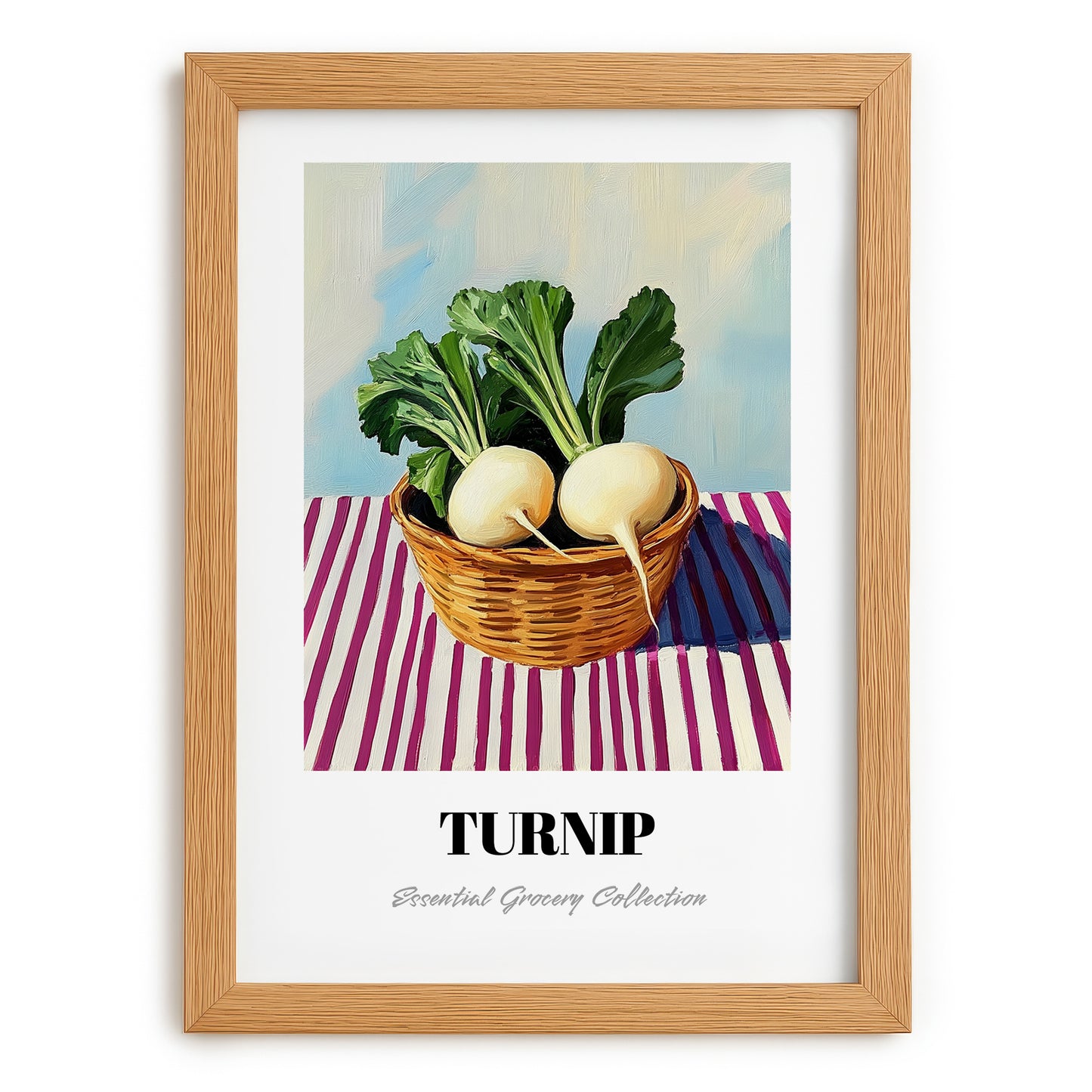 Turnip – on Striped Tablecloth, Vegetable Still Life, set in oak frame