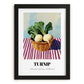 Turnip – on Striped Tablecloth, Vegetable Still Life, in sleek black frame