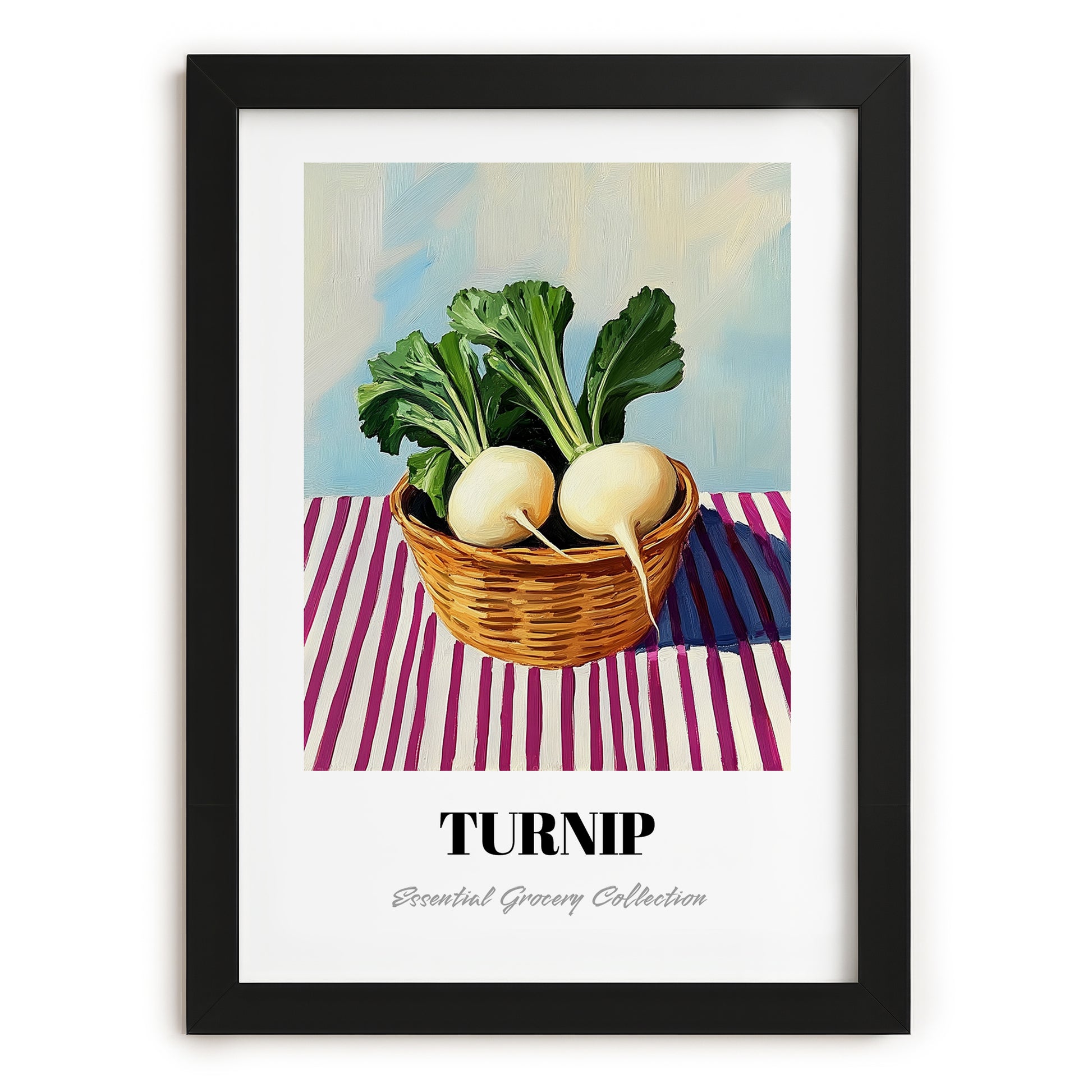 Turnip – on Striped Tablecloth, Vegetable Still Life, in sleek black frame