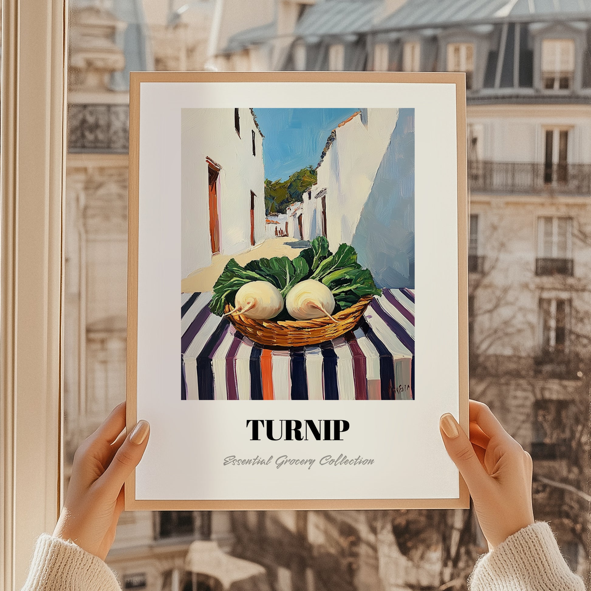 Turnip – White village Street Café Scene, Vegetable Illustration, styled in a charming Paris street view