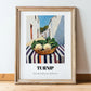 Turnip – White village Street Café Scene, Vegetable Illustration, in wooden frame leaning on the floor