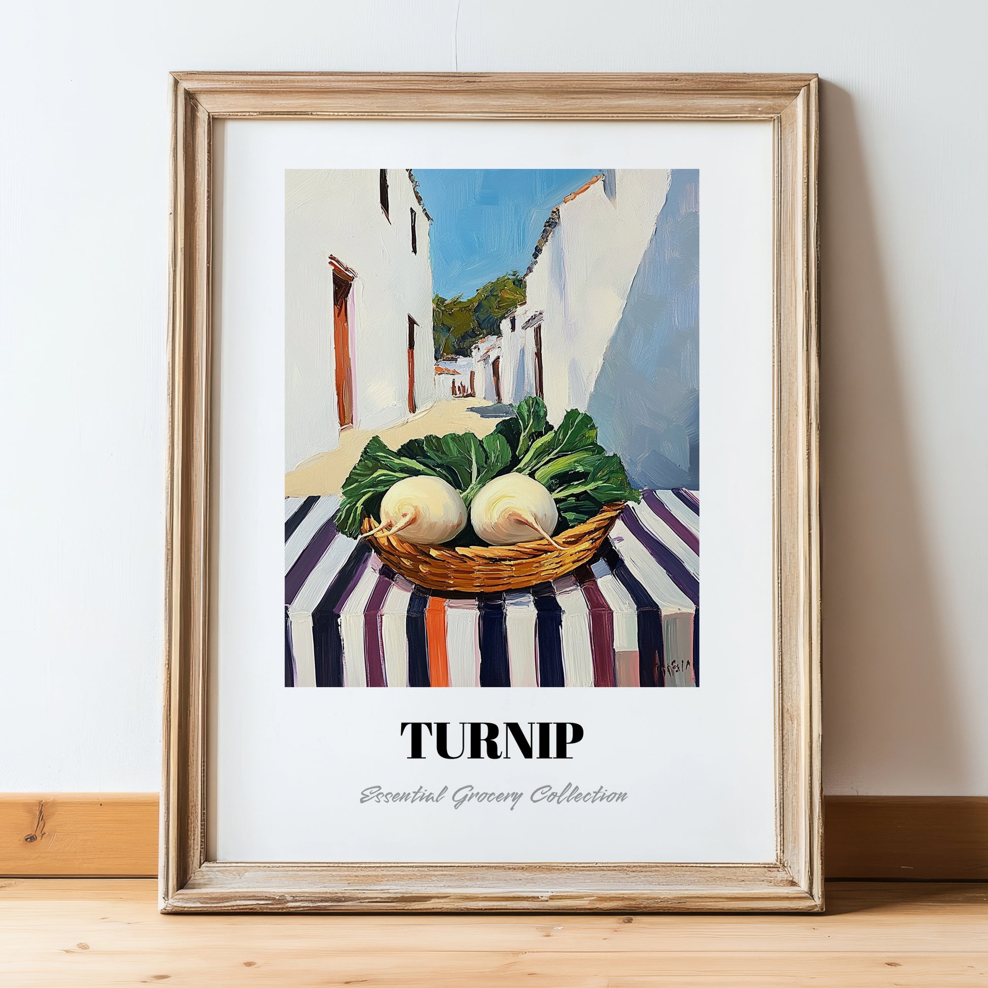 Turnip – White village Street Café Scene, Vegetable Illustration, in wooden frame leaning on the floor