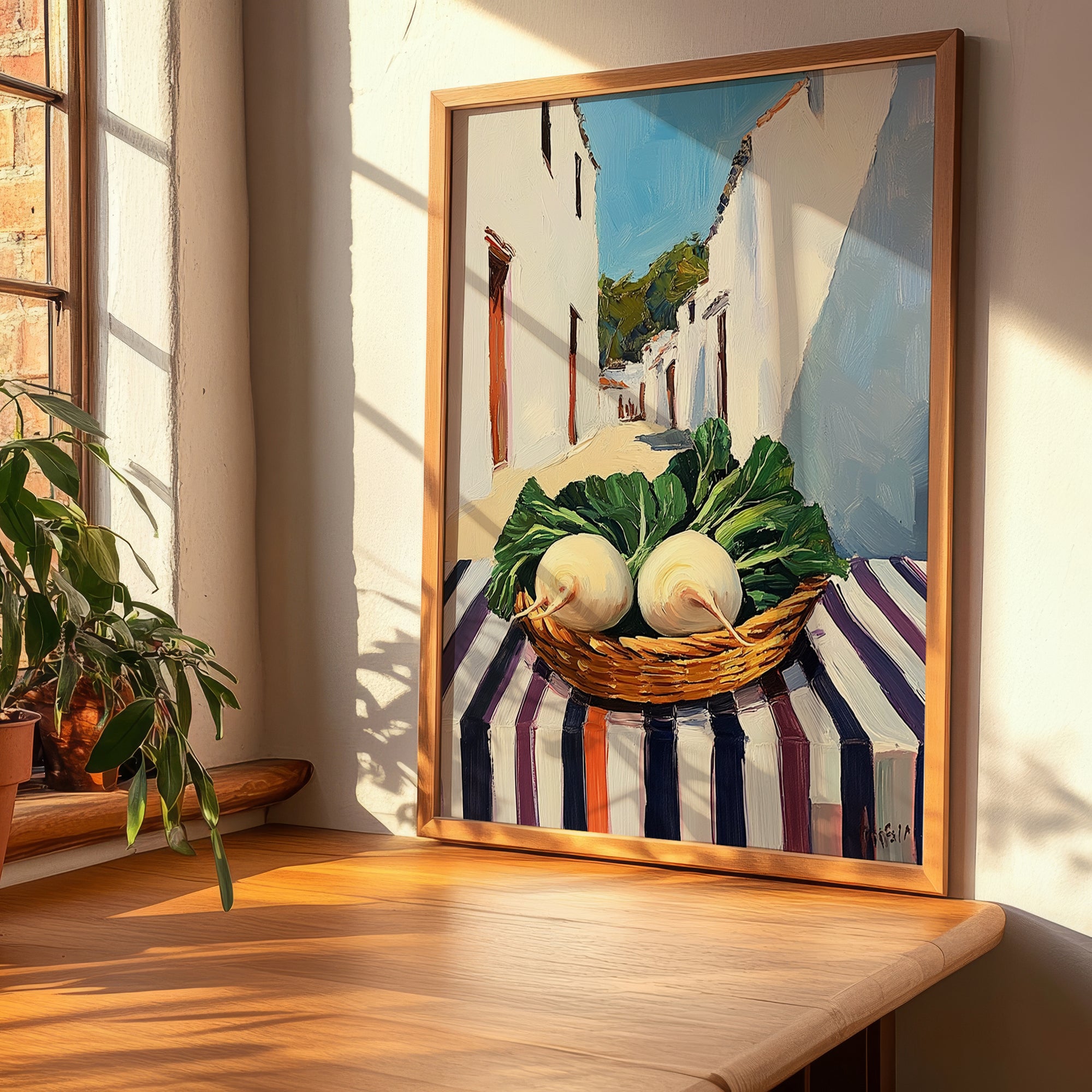 Turnip – White village Street Café Scene, Vegetable Illustration, clean layout with no caption