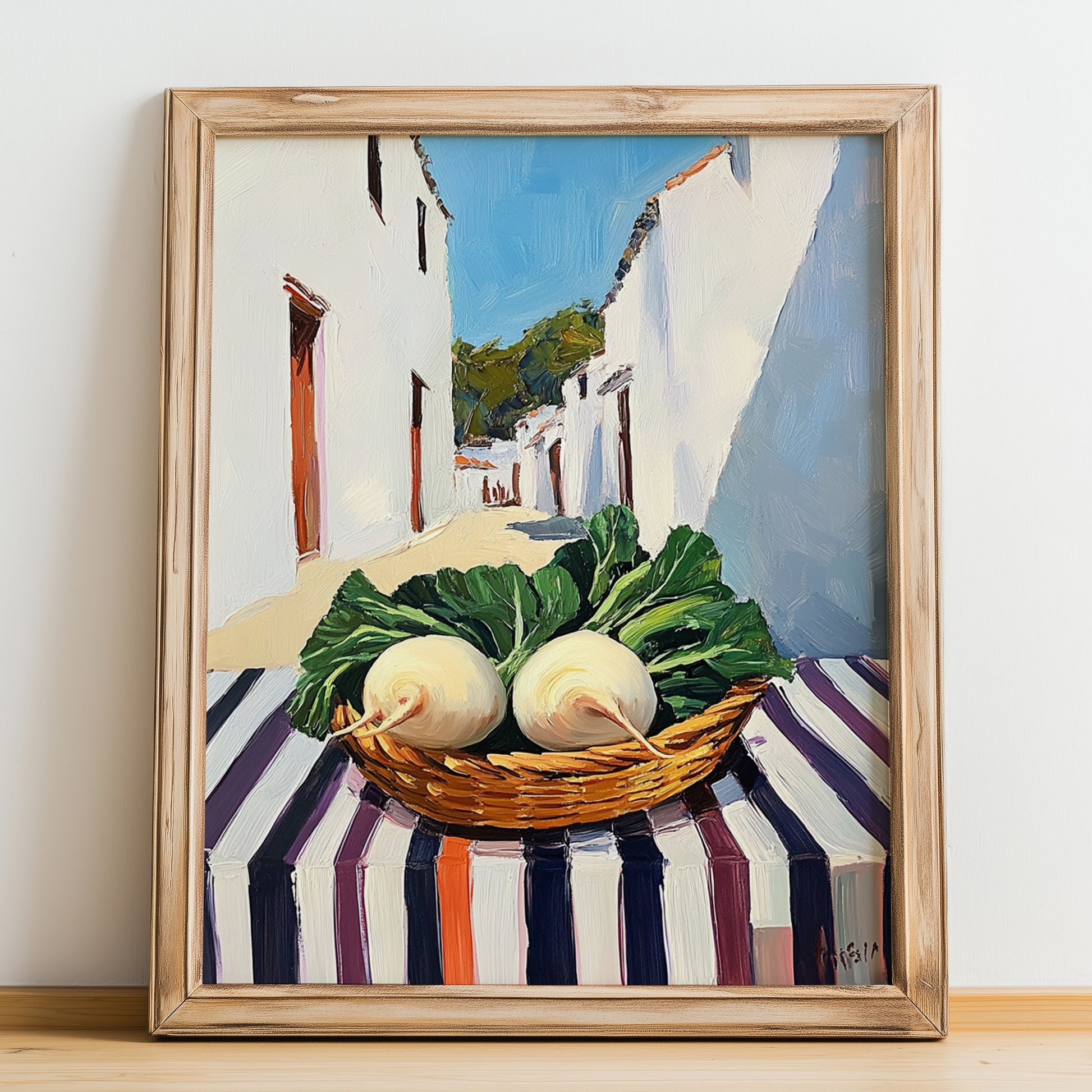 Turnip – White village Street Café Scene, Vegetable Illustration, no-text version framed in wood