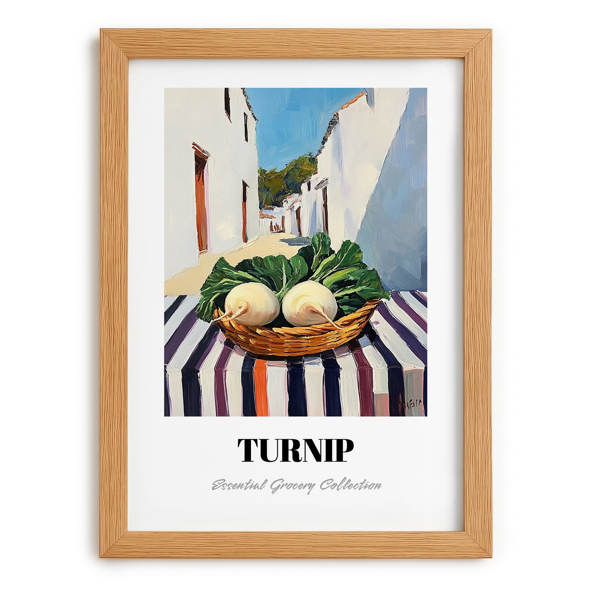 Turnip – White village Street Café Scene, Vegetable Illustration, set in oak frame