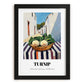 Turnip – White village Street Café Scene, Vegetable Illustration, in sleek black frame