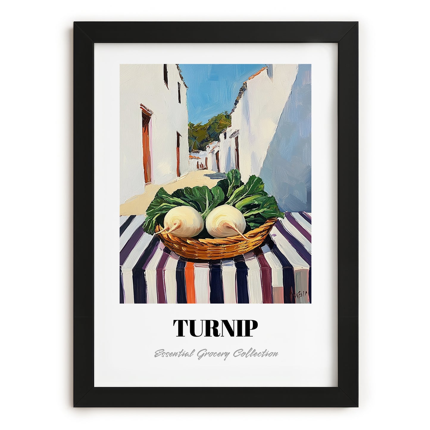 Turnip – White village Street Café Scene, Vegetable Illustration, in sleek black frame