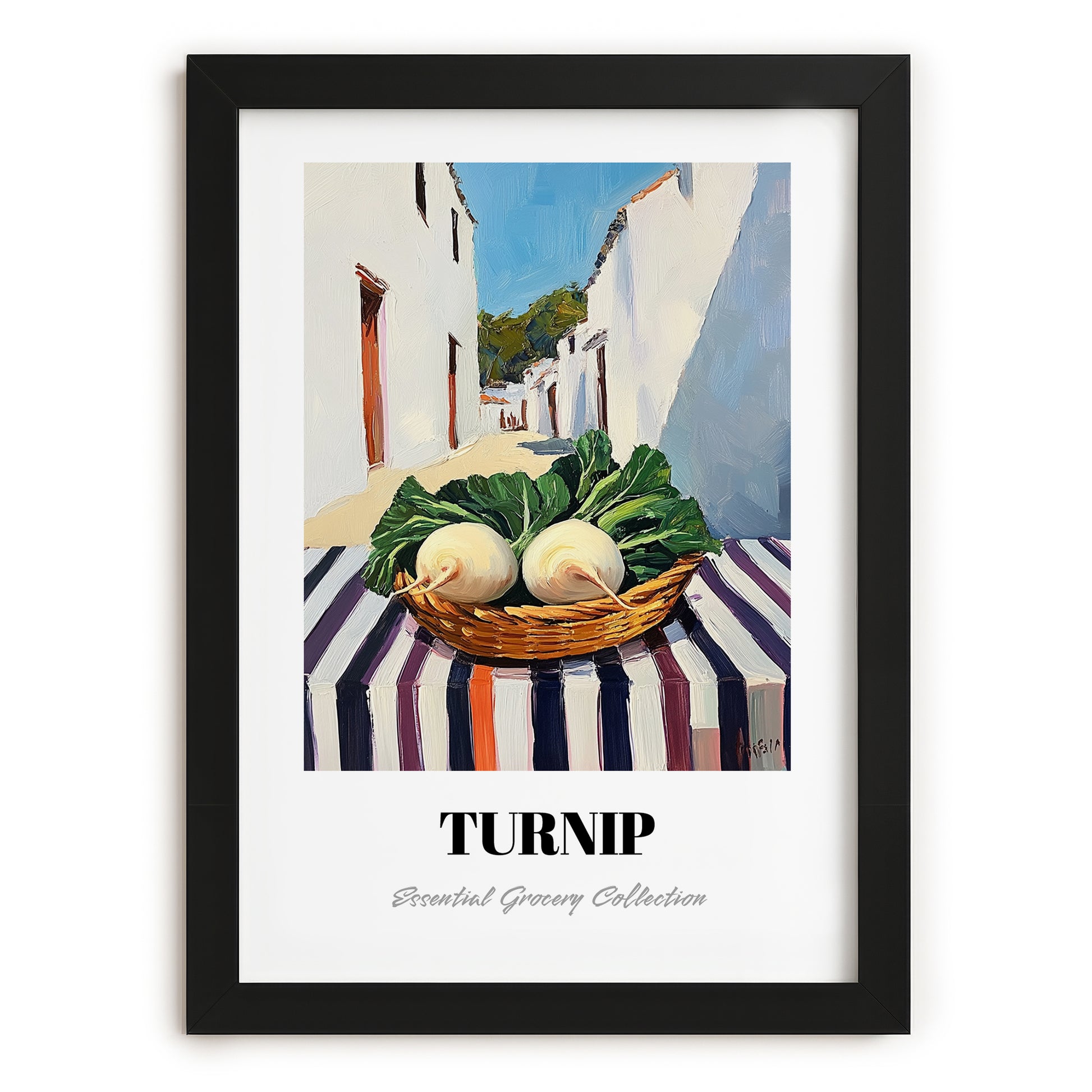 Turnip – White village Street Café Scene, Vegetable Illustration, in sleek black frame