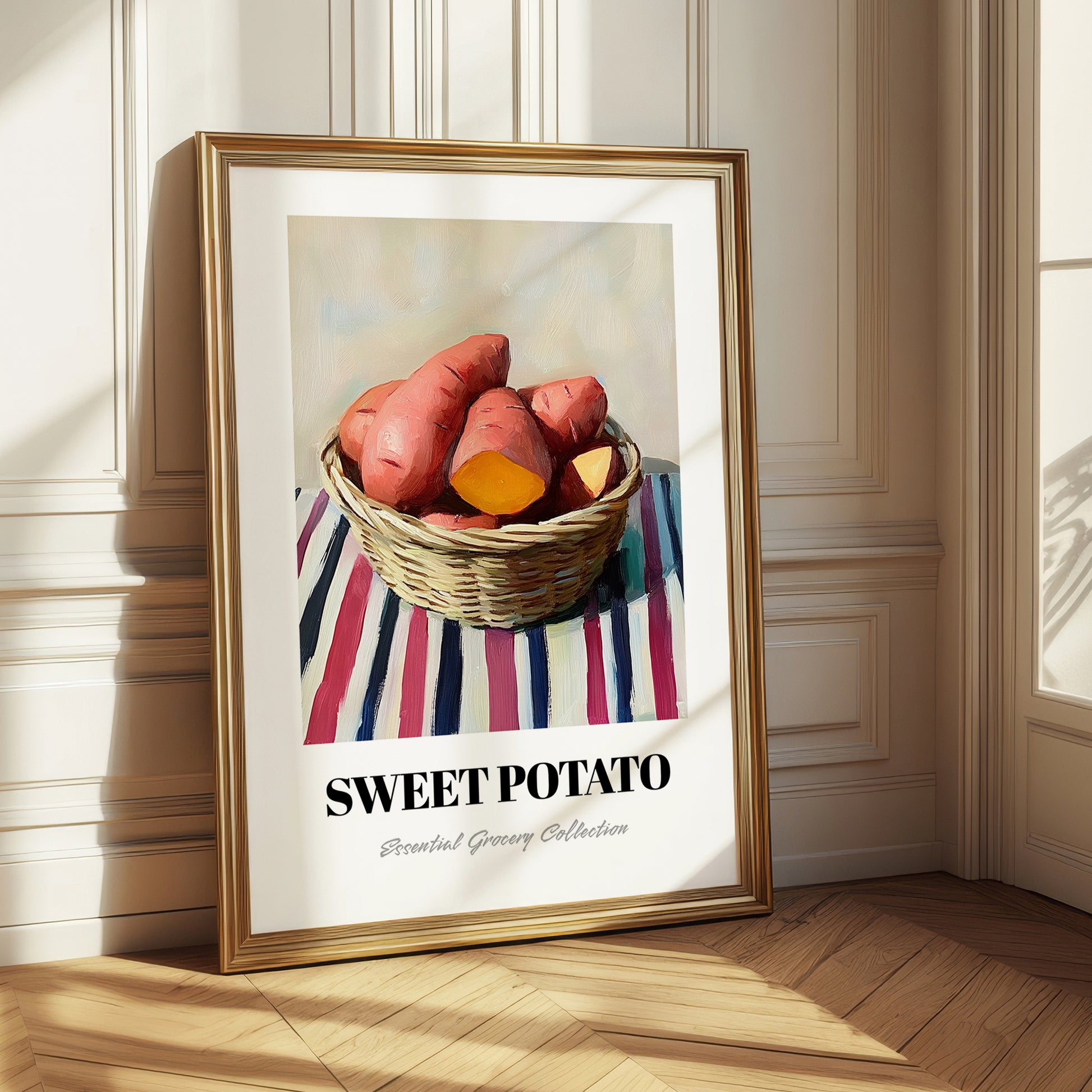 Sweet Potato – on Striped Tablecloth, Vegetable Print
