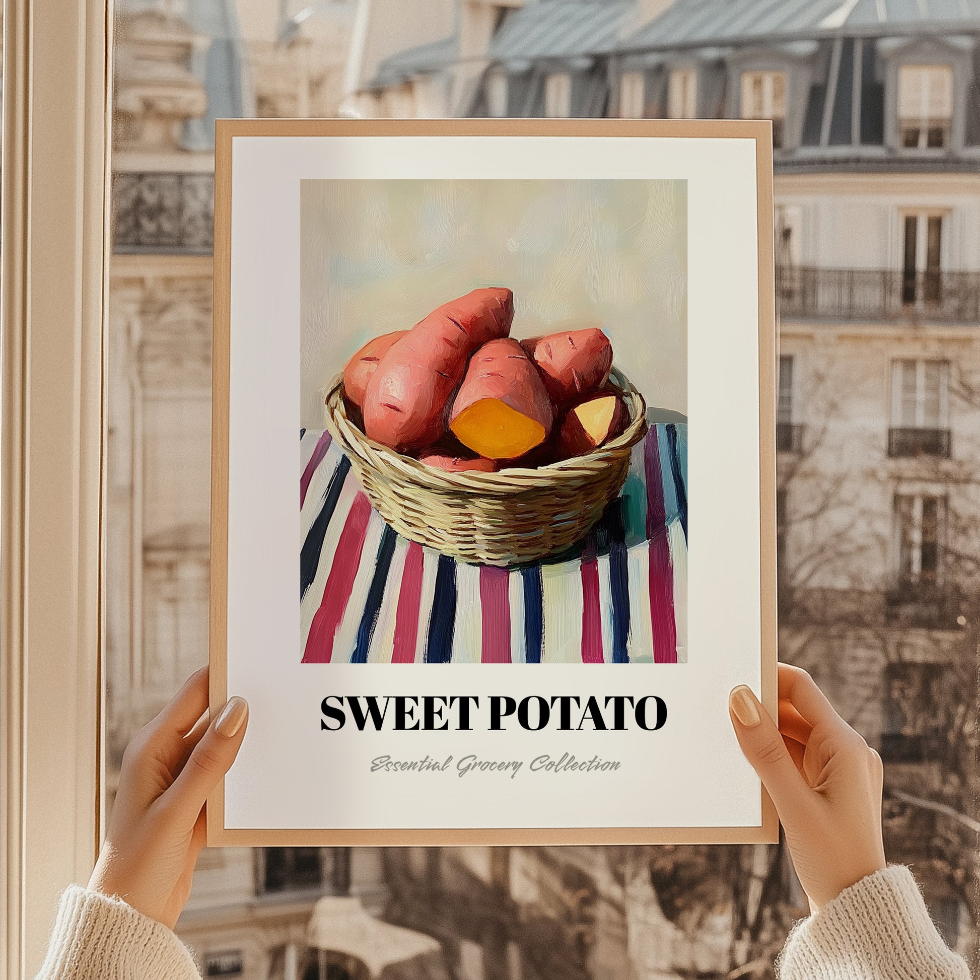 Sweet Potato – on Striped Tablecloth, Vegetable Print, styled in a charming Paris street view