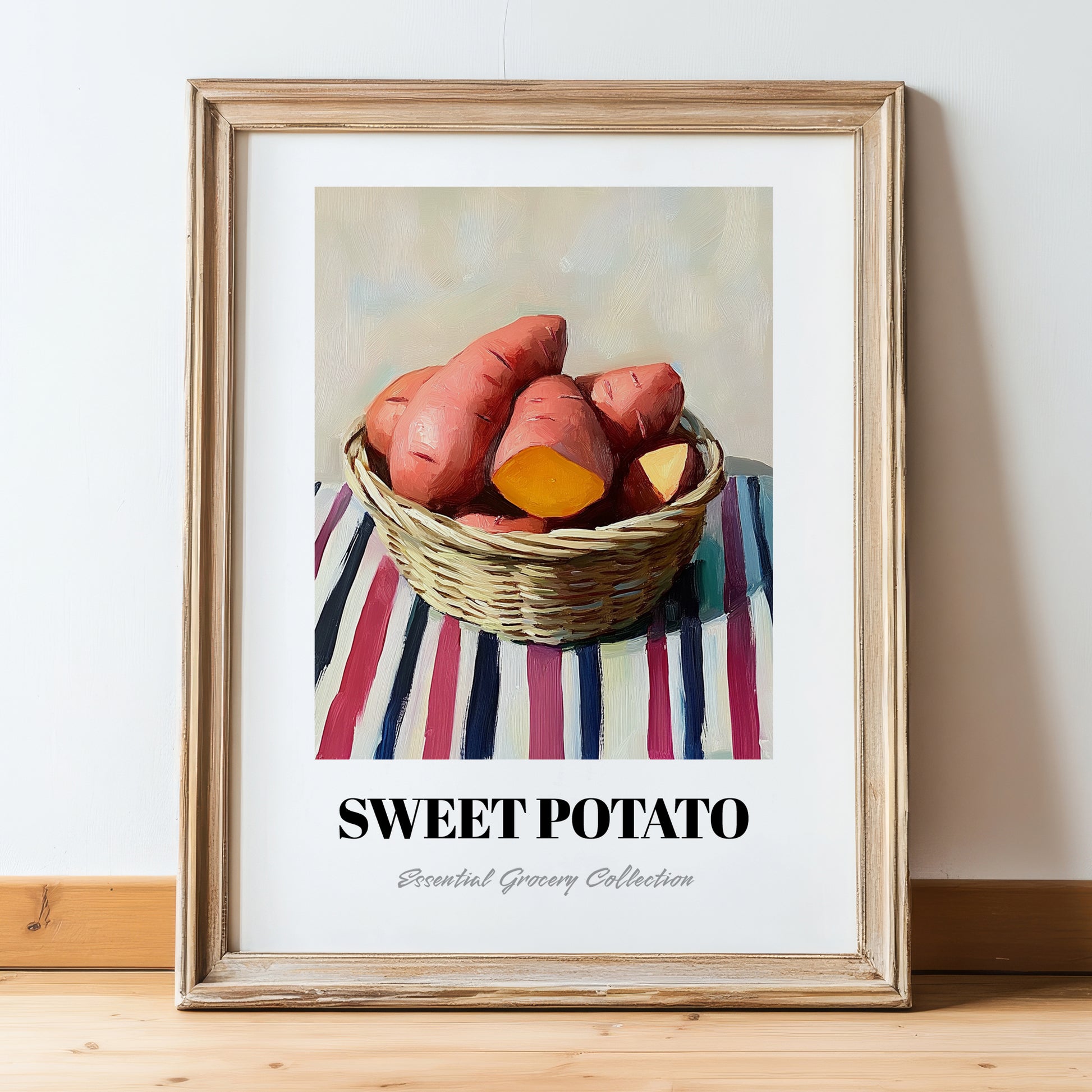 Sweet Potato – on Striped Tablecloth, Vegetable Print, in wooden frame leaning on the floor
