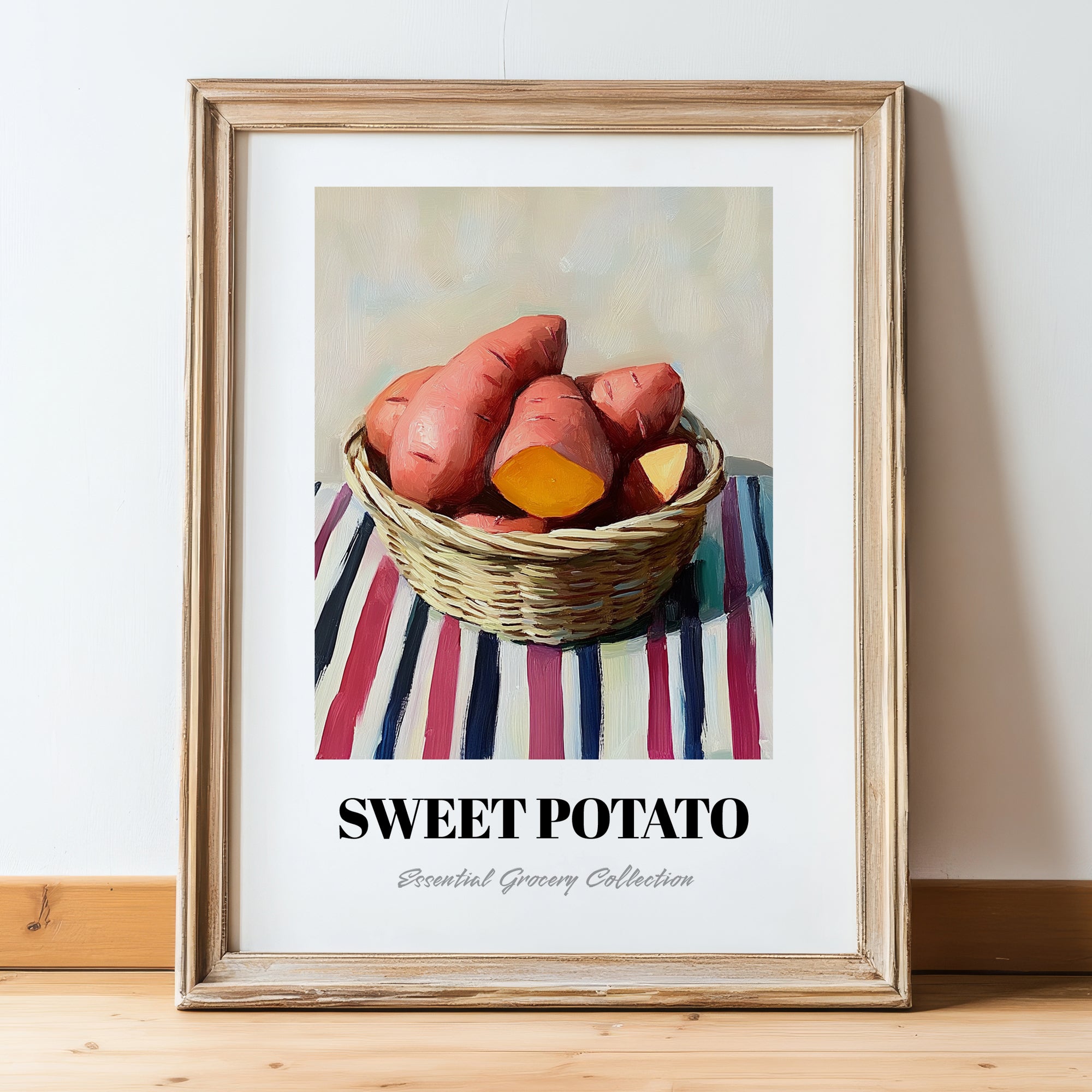 Sweet Potato – on Striped Tablecloth, Vegetable Print, in wooden frame leaning on the floor