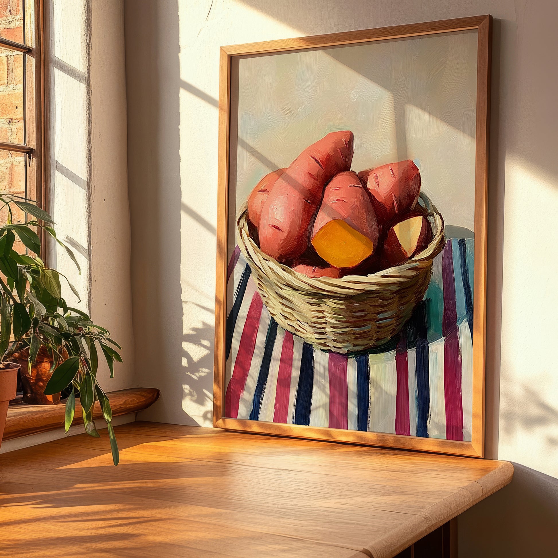Sweet Potato – on Striped Tablecloth, Vegetable Print, clean layout with no caption