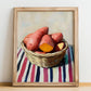 Sweet Potato – on Striped Tablecloth, Vegetable Print, no-text version framed in wood