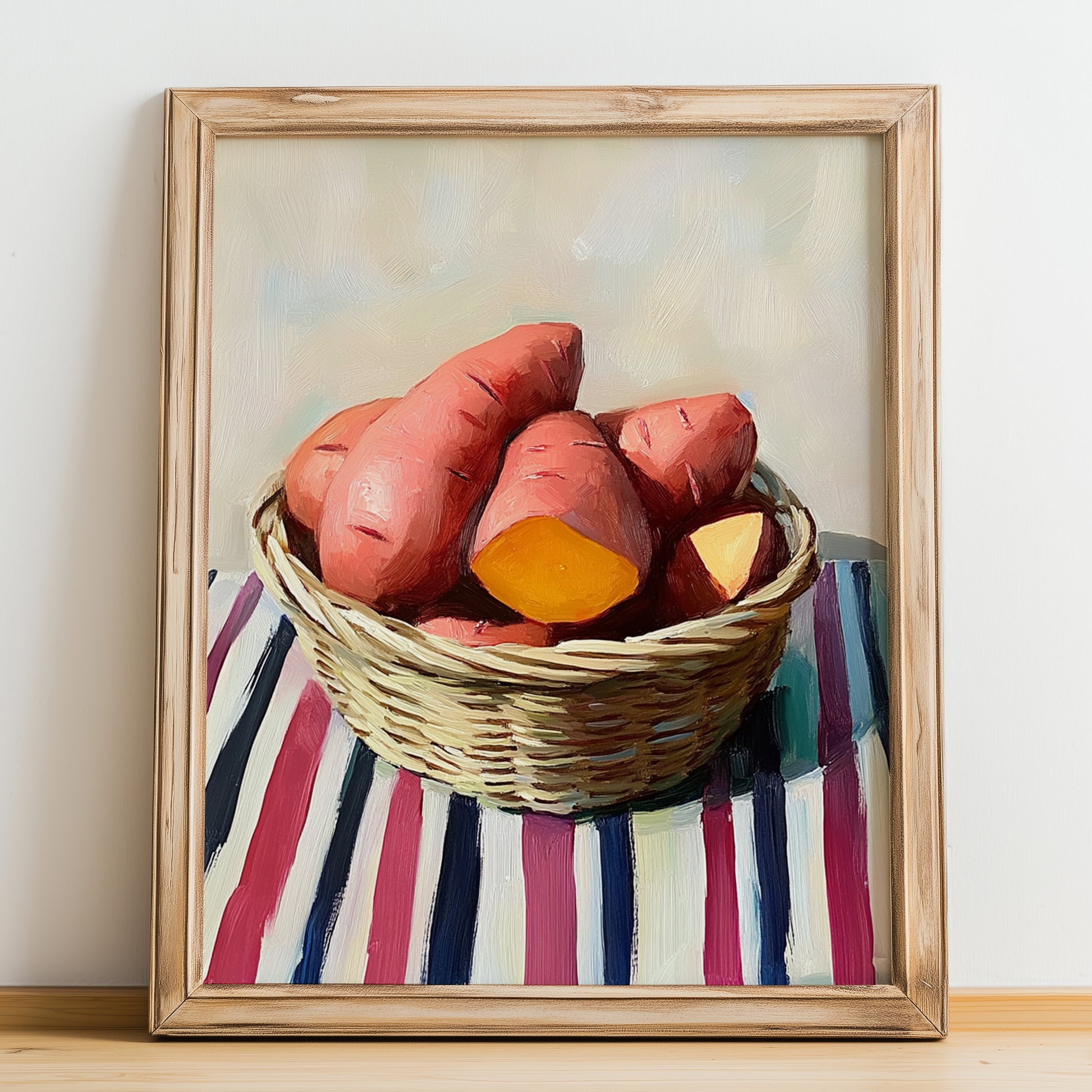 Sweet Potato – on Striped Tablecloth, Vegetable Print, no-text version framed in wood