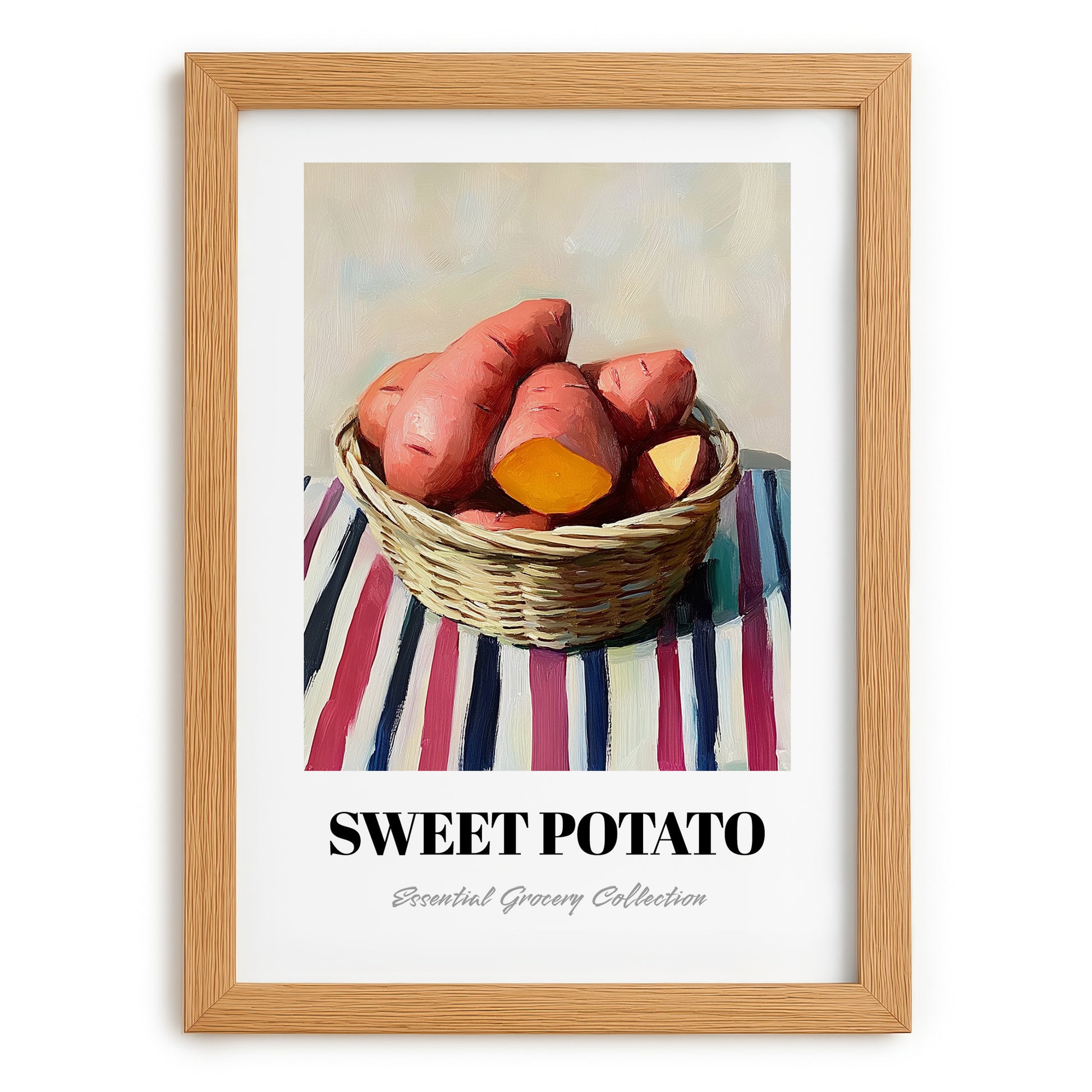 Sweet Potato – on Striped Tablecloth, Vegetable Print, set in oak frame