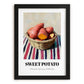 Sweet Potato – on Striped Tablecloth, Vegetable Print, in sleek black frame
