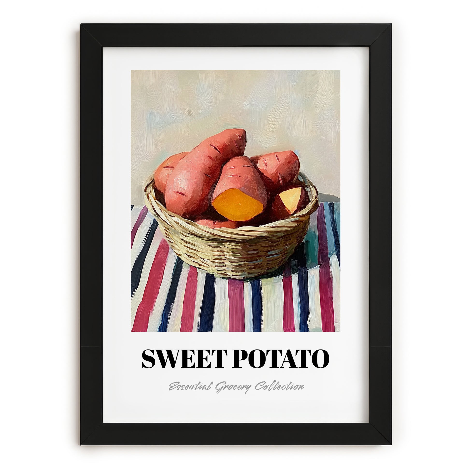 Sweet Potato – on Striped Tablecloth, Vegetable Print, in sleek black frame