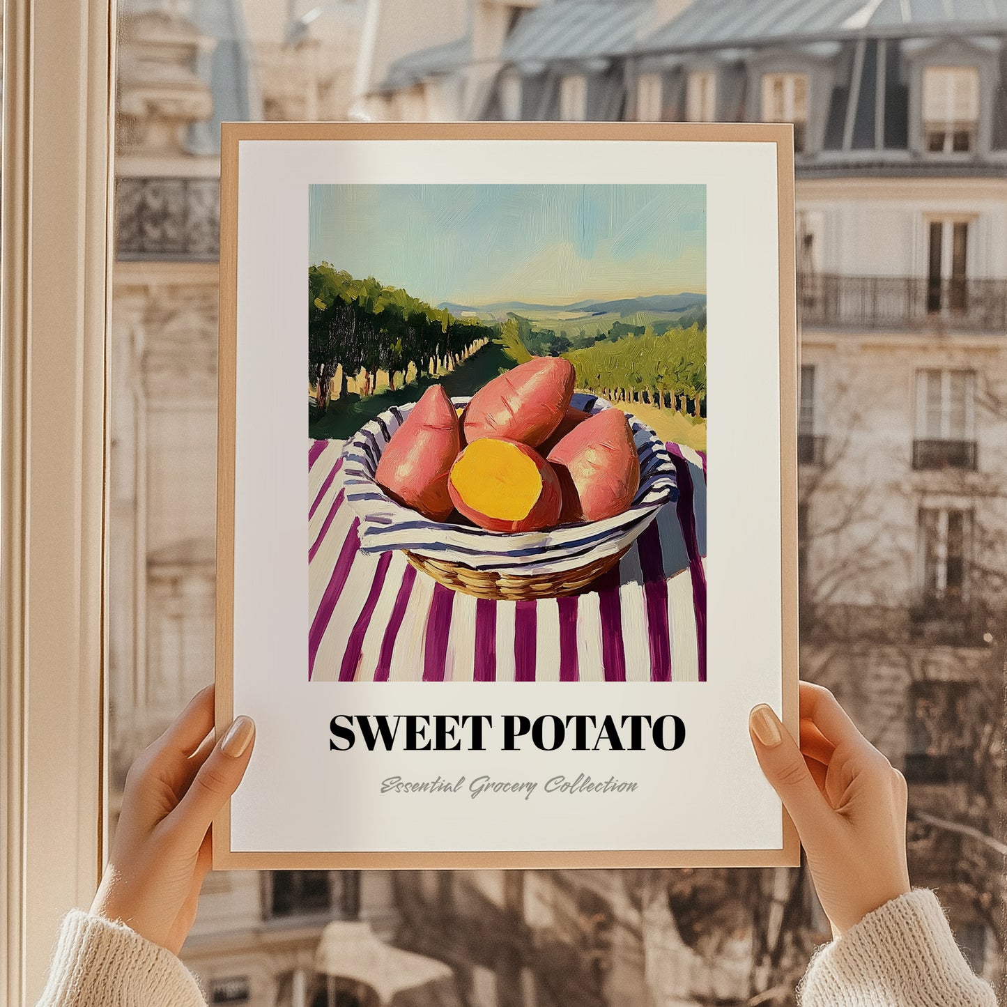 Sweet Potato – Valley Café Scene, Vegetable Wall Decor, styled in a charming Paris street view
