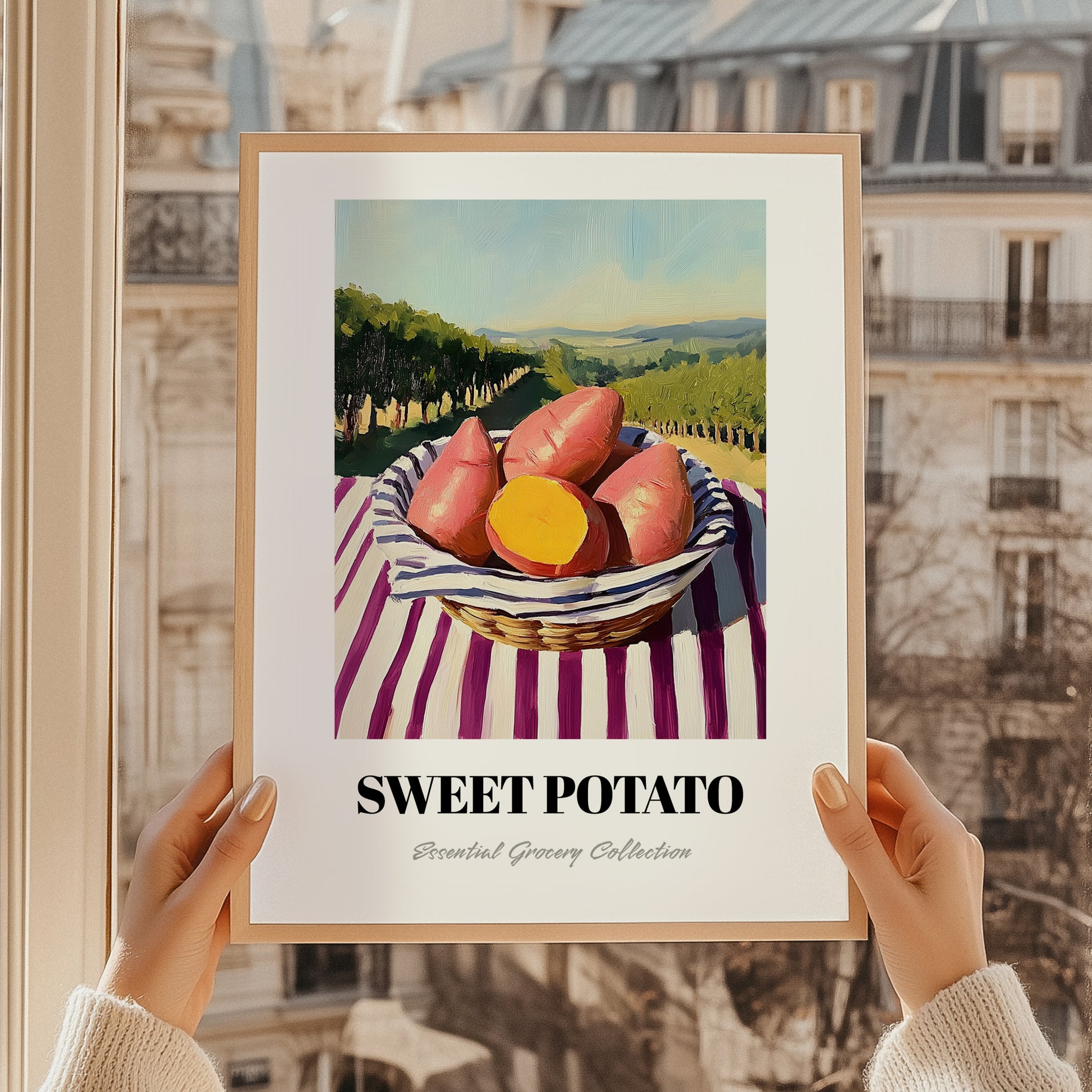 Sweet Potato – Valley Café Scene, Vegetable Wall Decor, styled in a charming Paris street view