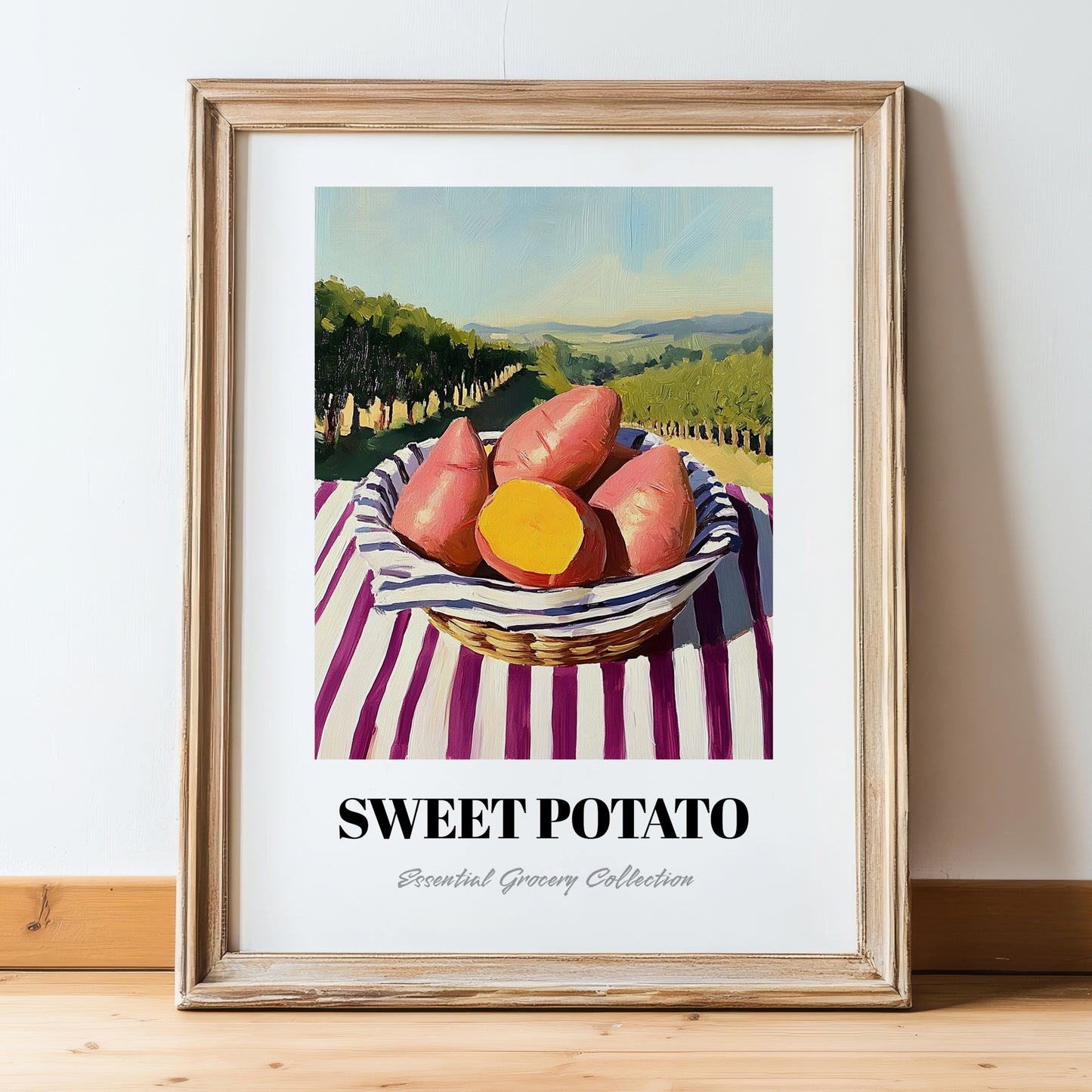 Sweet Potato – Valley Café Scene, Vegetable Wall Decor, in wooden frame leaning on the floor
