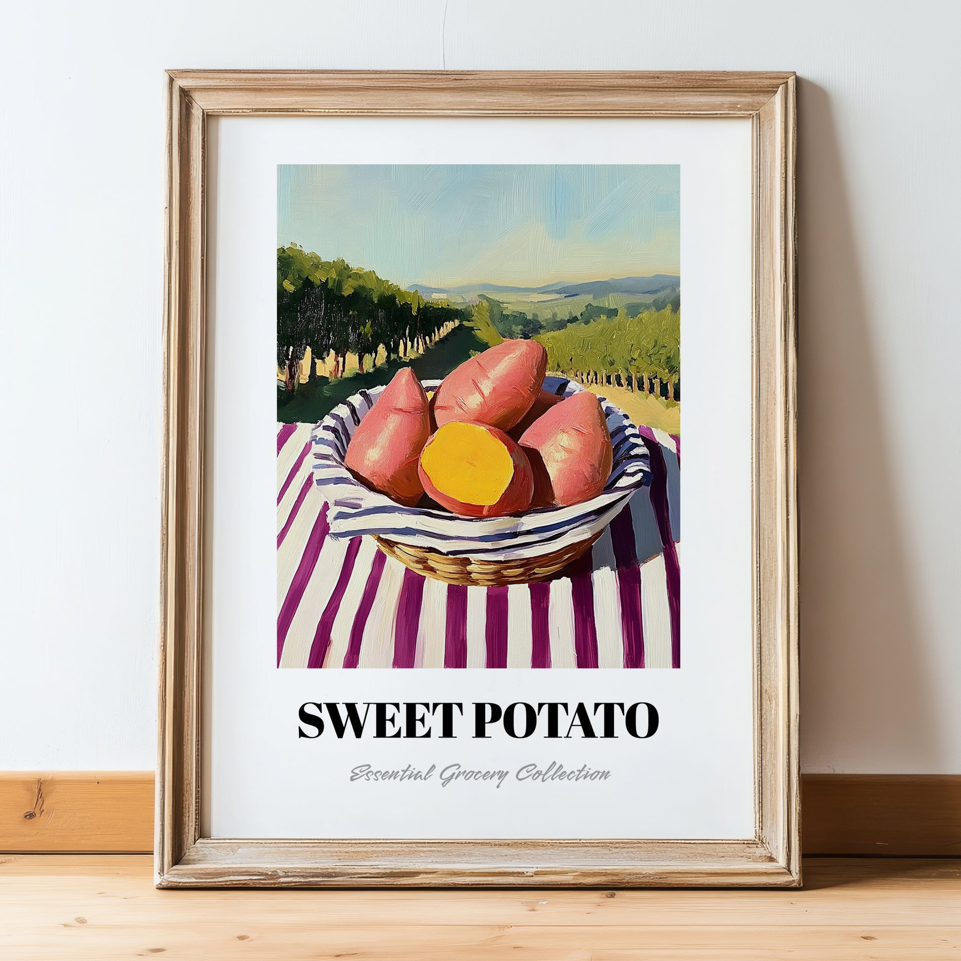 Sweet Potato – Valley Café Scene, Vegetable Wall Decor, in wooden frame leaning on the floor