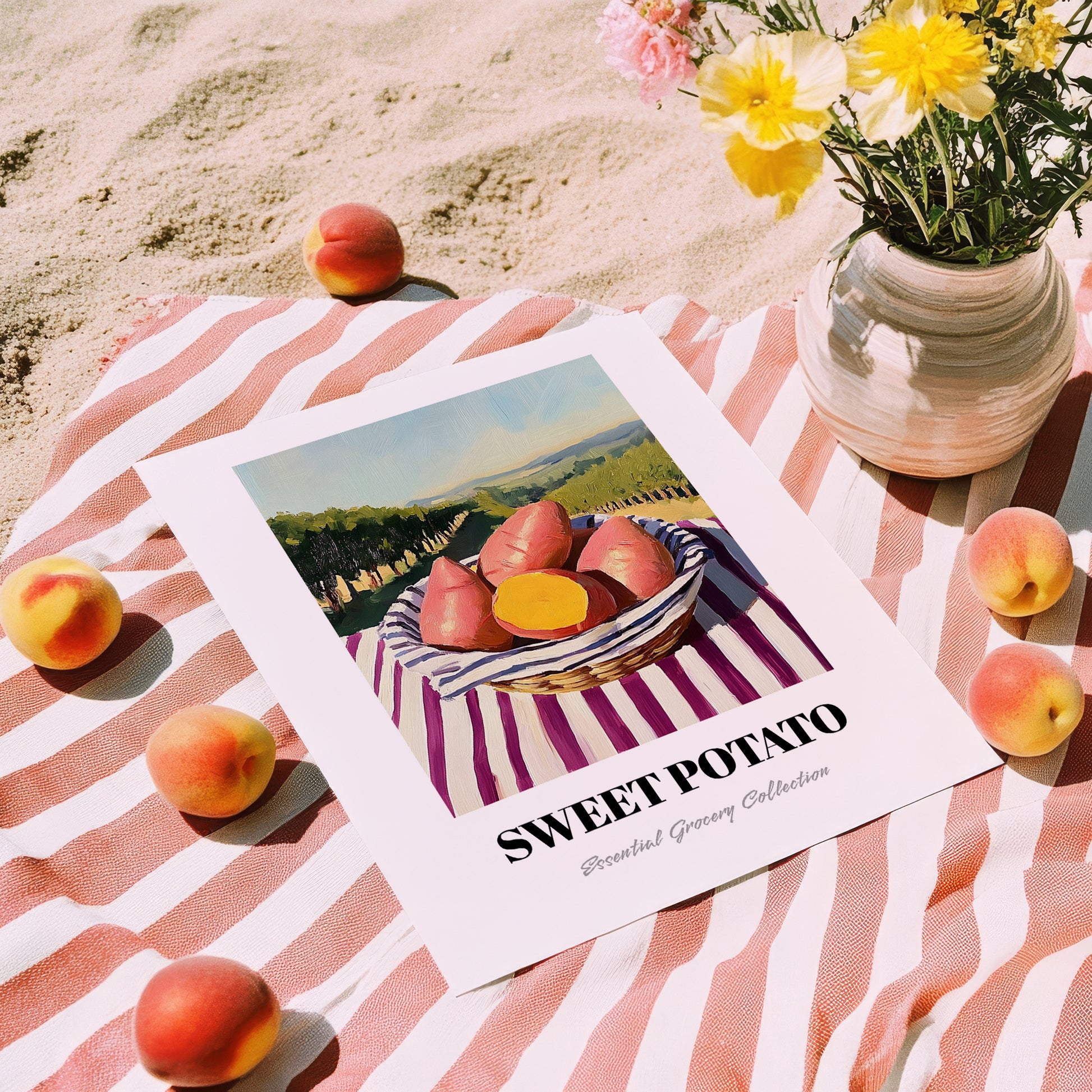 Sweet Potato – Valley Café Scene, Vegetable Wall Decor, unframed on coastal sand