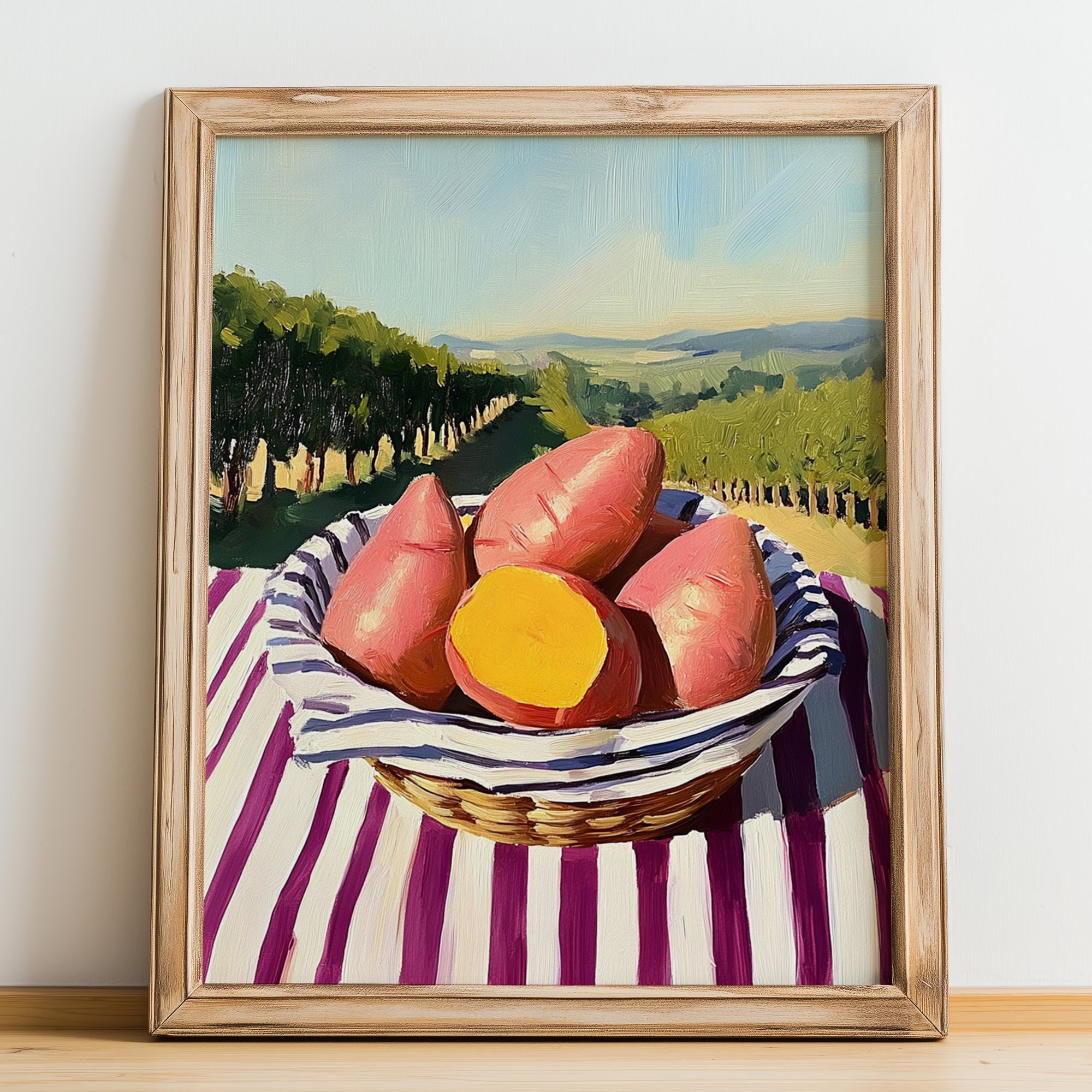 Sweet Potato – Valley Café Scene, Vegetable Wall Decor, no-text version framed in wood