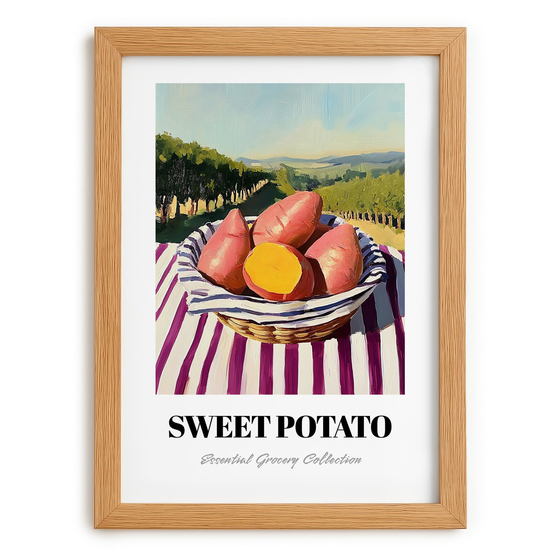 Sweet Potato – Valley Café Scene, Vegetable Wall Decor, set in oak frame