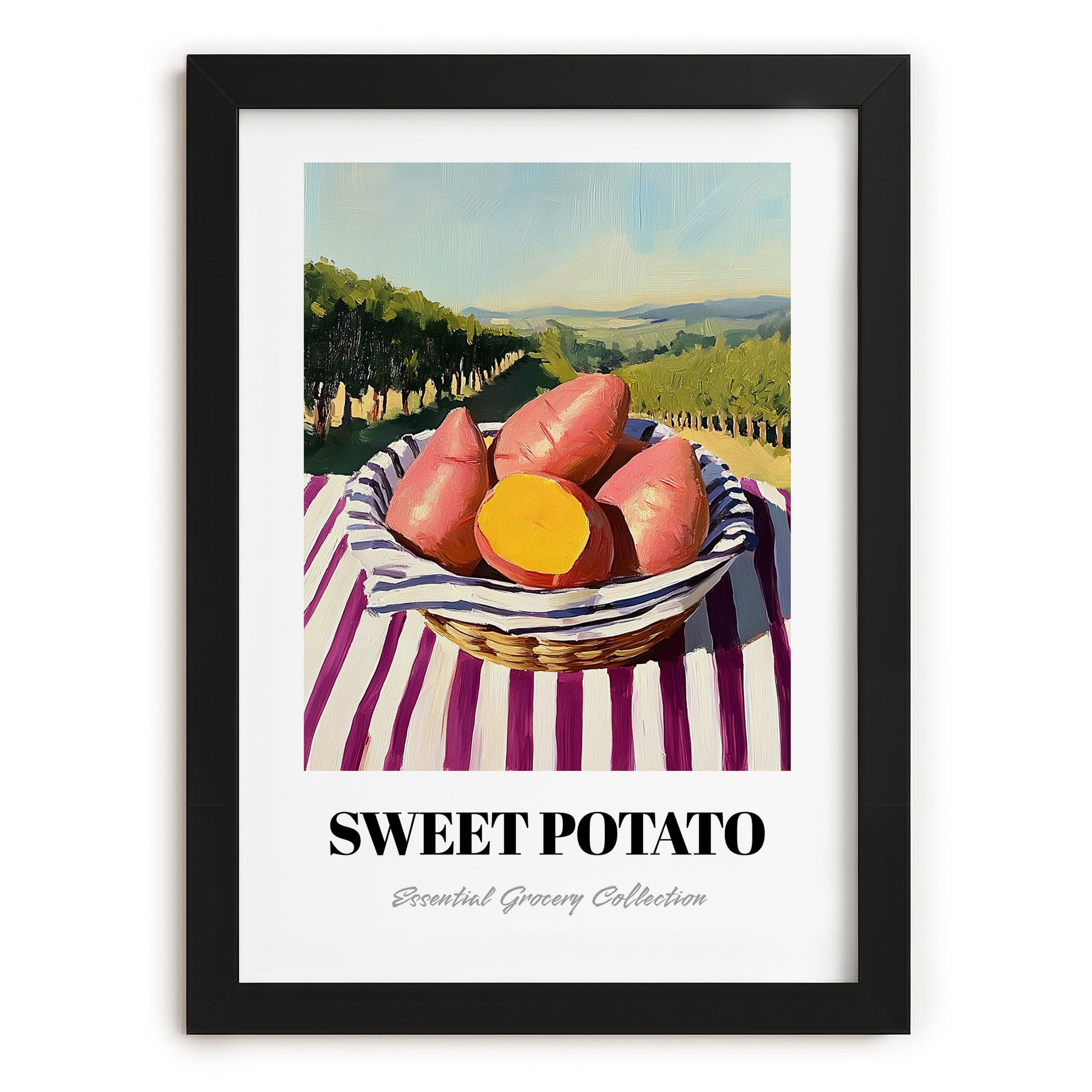 Sweet Potato – Valley Café Scene, Vegetable Wall Decor, in sleek black frame