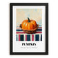 Pumpkin – on Striped Tablecloth, Vegetable Print, in sleek black frame