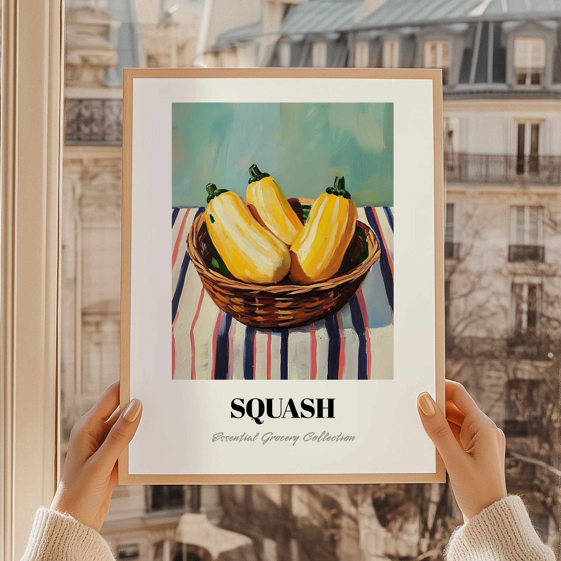 Squash – on Striped Tablecloth, Vegetable Illustration, styled in a charming Paris street view