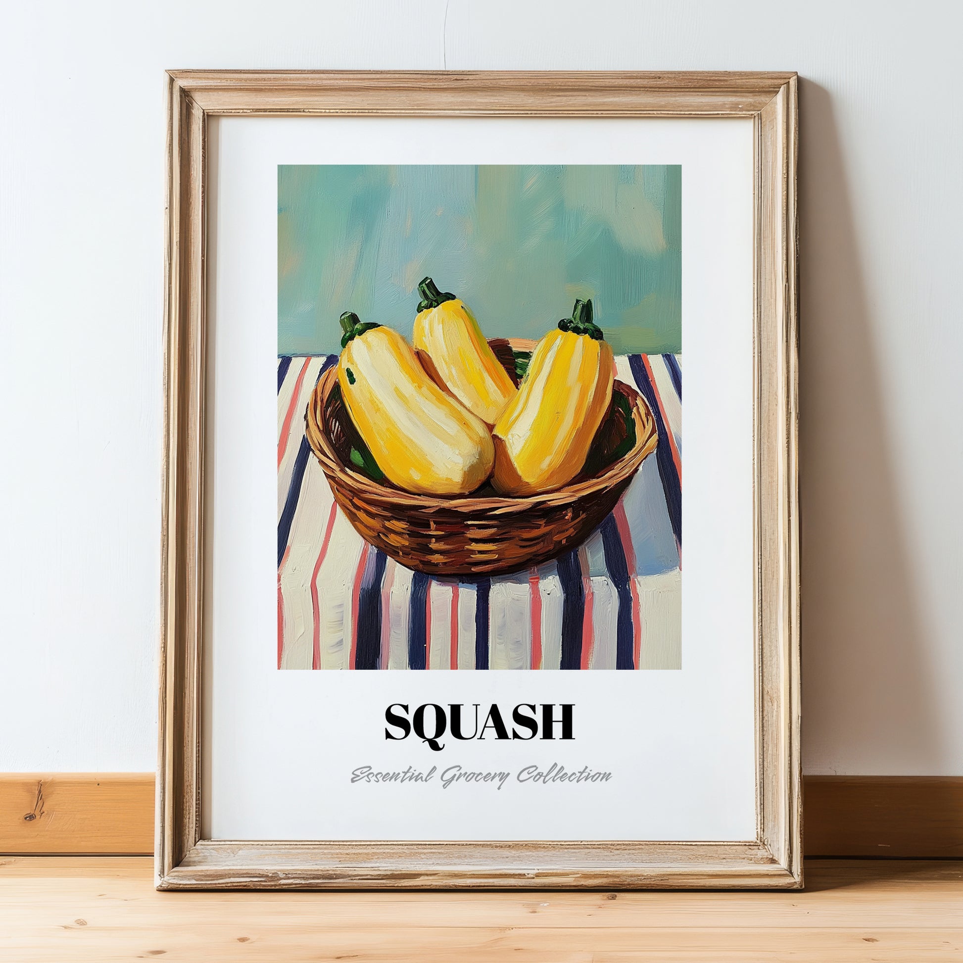 Squash – on Striped Tablecloth, Vegetable Illustration, in wooden frame leaning on the floor
