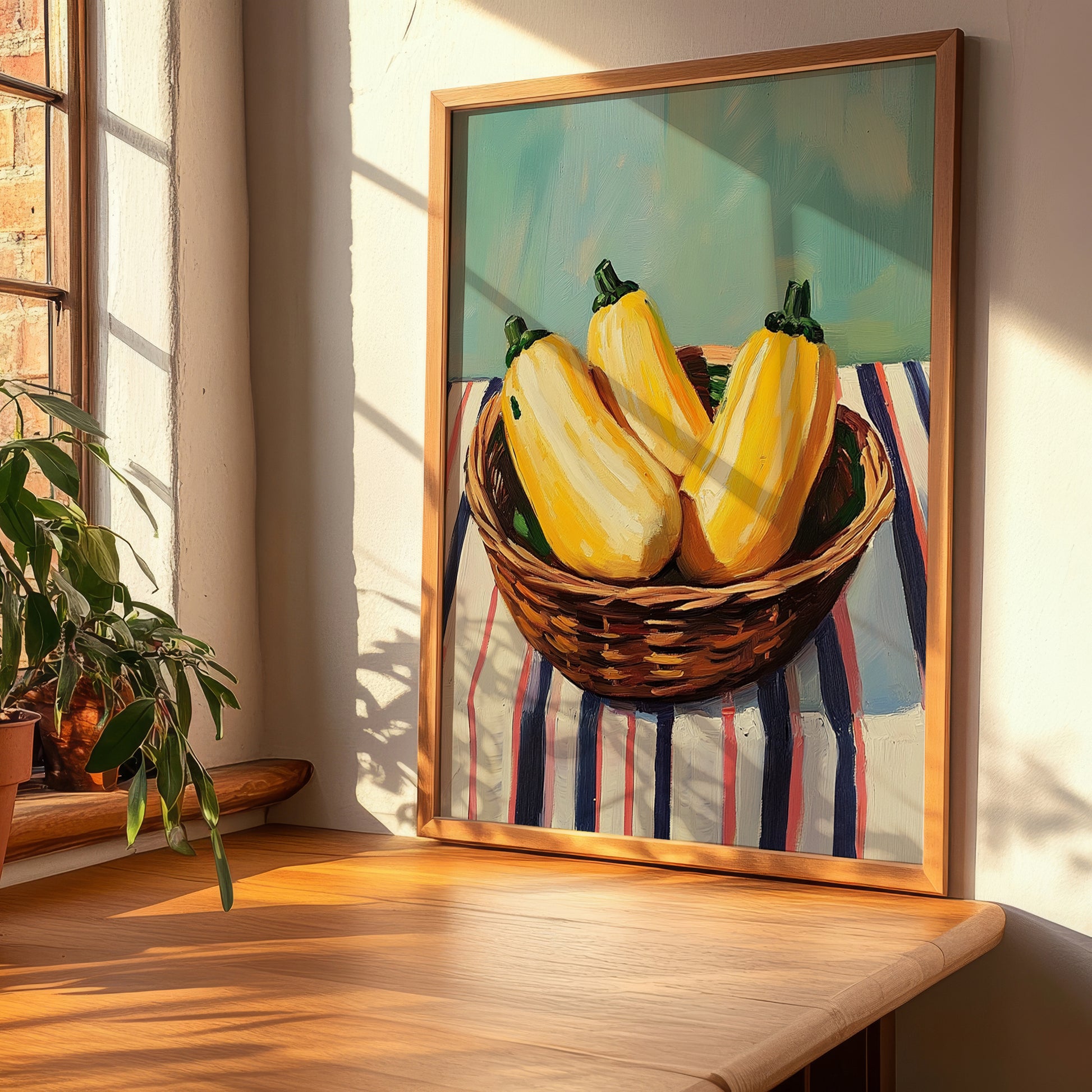 Squash – on Striped Tablecloth, Vegetable Illustration, clean layout with no caption