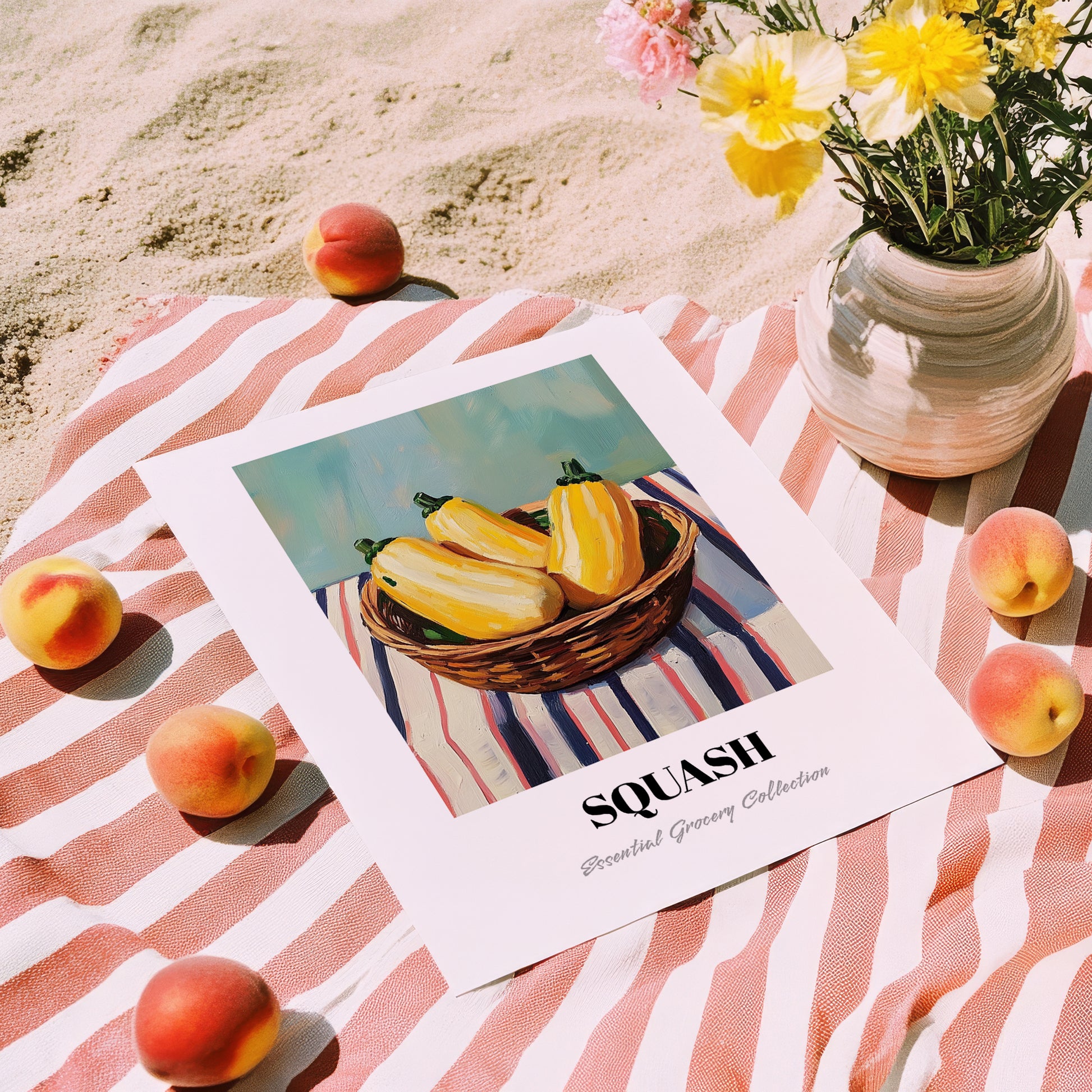 Squash – on Striped Tablecloth, Vegetable Illustration, unframed on coastal sand