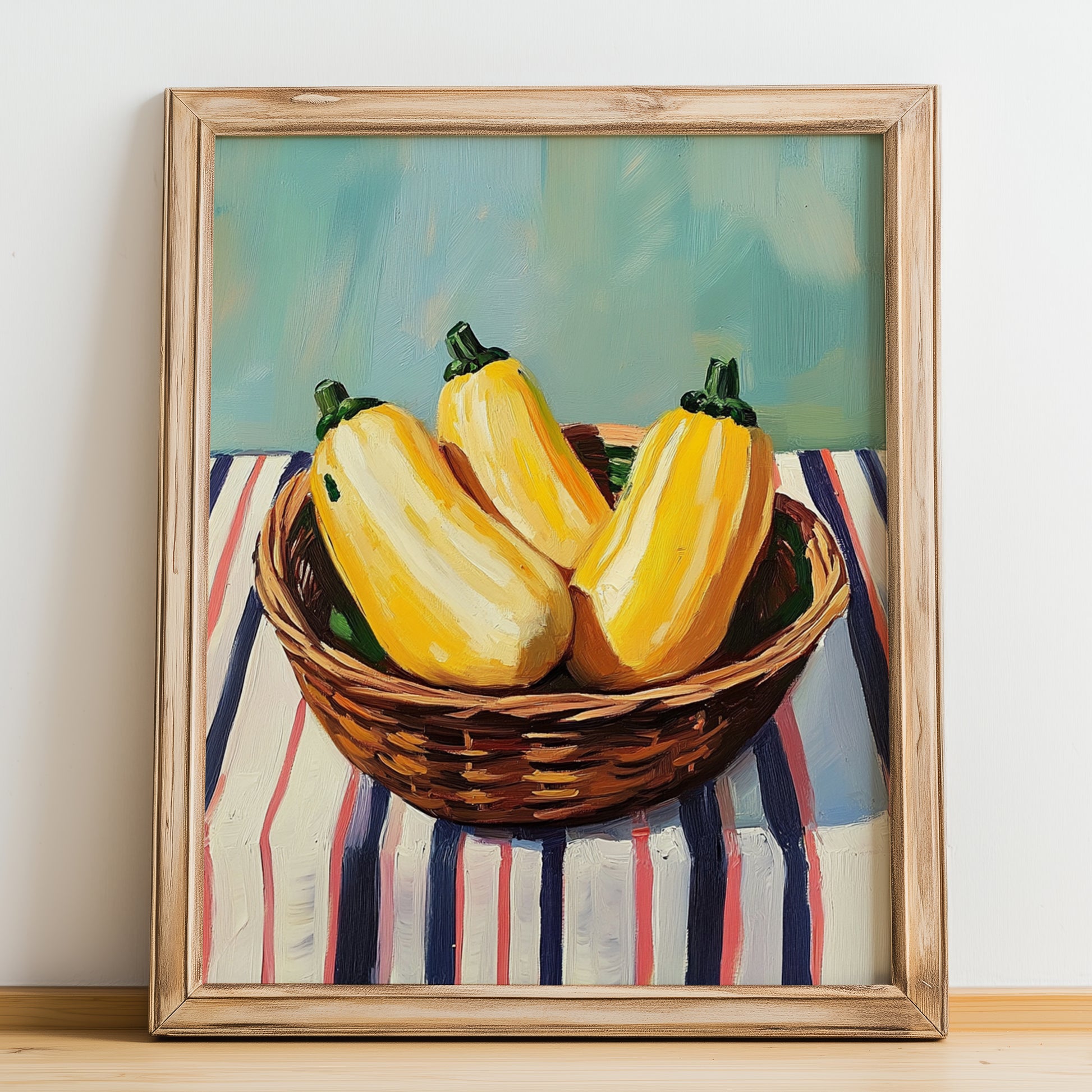 Squash – on Striped Tablecloth, Vegetable Illustration, no-text version framed in wood