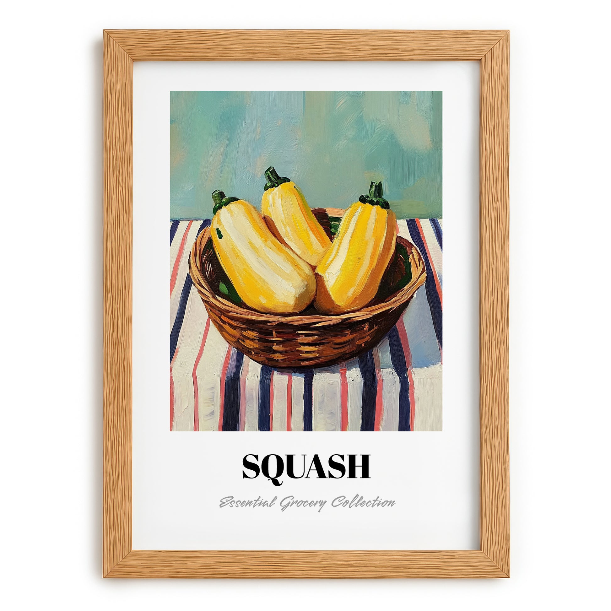Squash – on Striped Tablecloth, Vegetable Illustration, set in oak frame