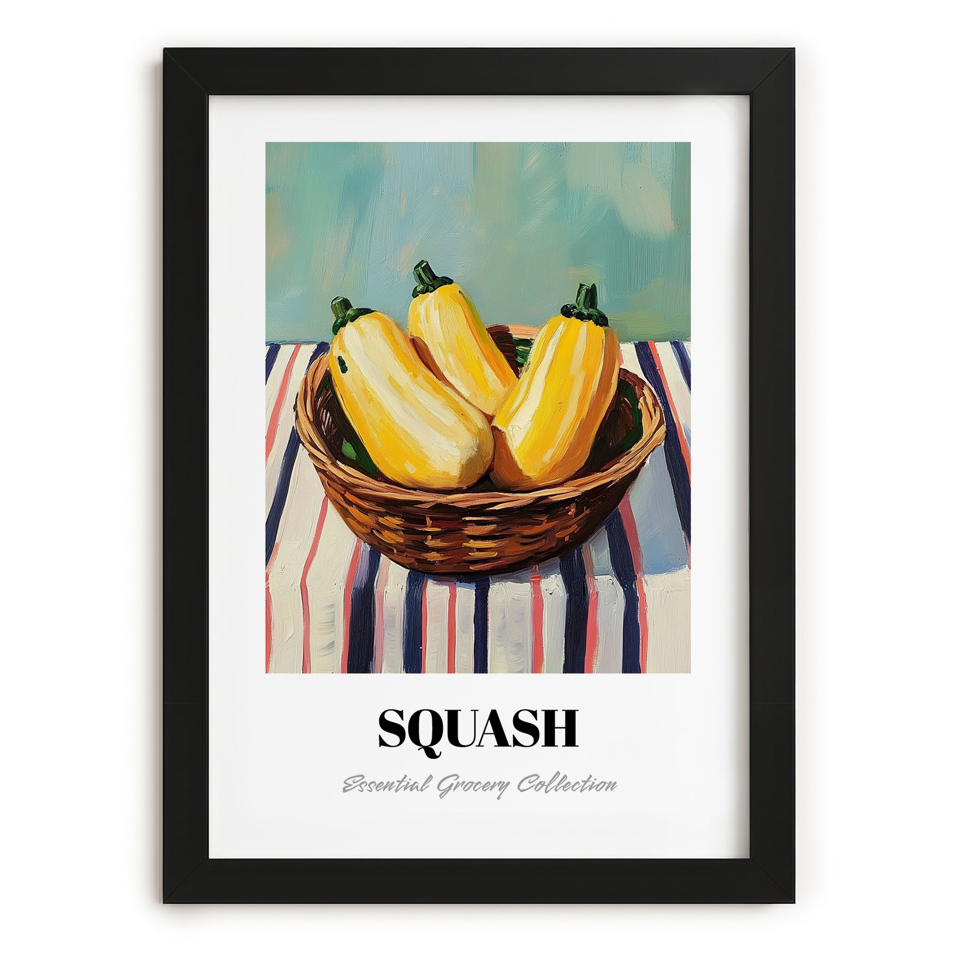 Squash – on Striped Tablecloth, Vegetable Illustration, in sleek black frame